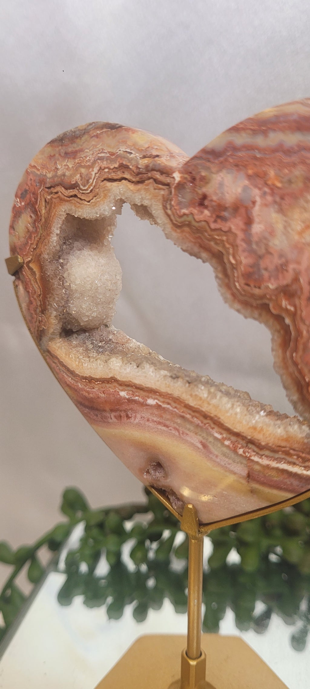 Pink Crazy Lace Agate Druzy Heart on Gold Stand | Banded Agate Crystal Display | 143g
