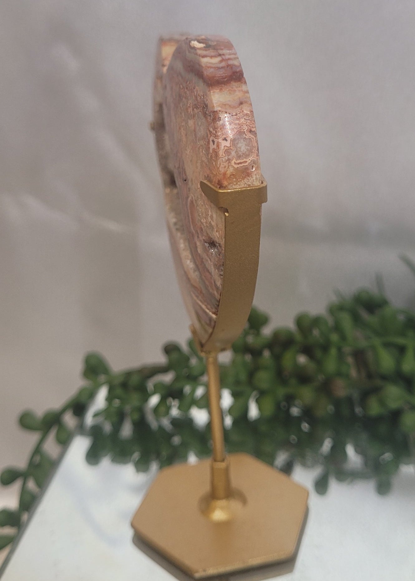 Pink Crazy Lace Agate Druzy Heart on Gold Stand | Banded Agate Crystal Display | 143g