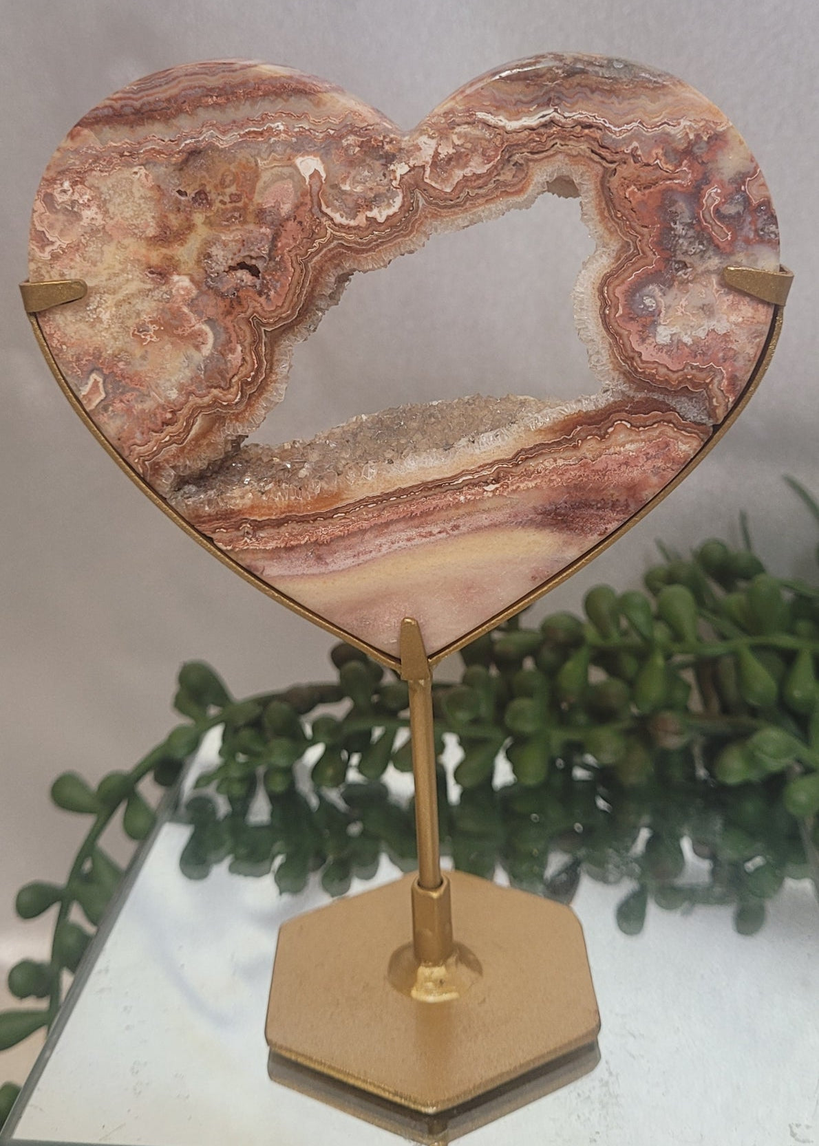 Pink Crazy Lace Agate Druzy Heart on Gold Stand | Banded Agate Crystal Display | 143g