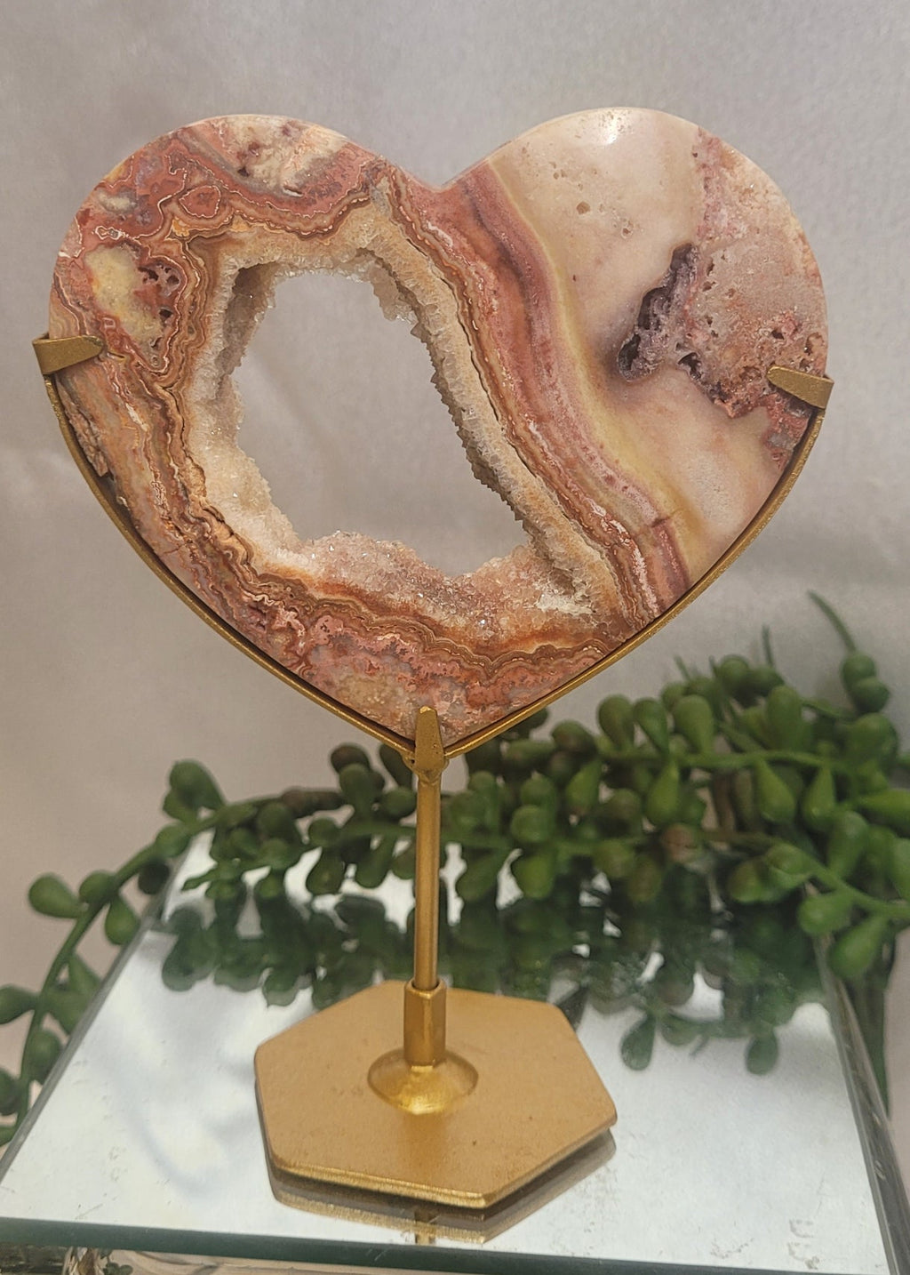 Pink Crazy Lace Agate Druzy Heart on Gold Stand | Open Geode Heart Display | 148g
