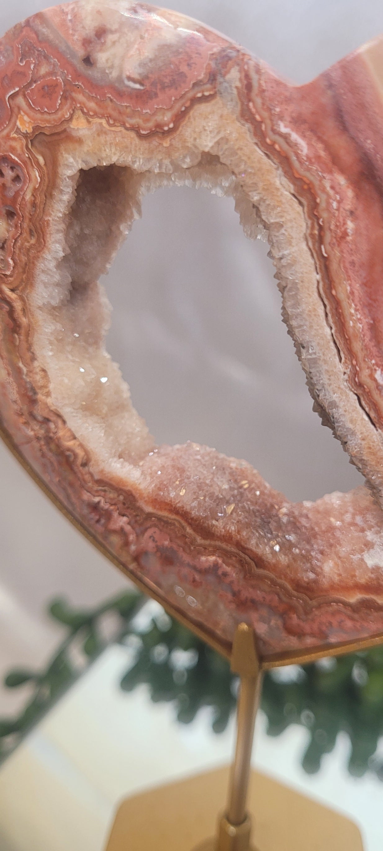 Pink Crazy Lace Agate Druzy Heart on Gold Stand | Open Geode Heart Display | 148g