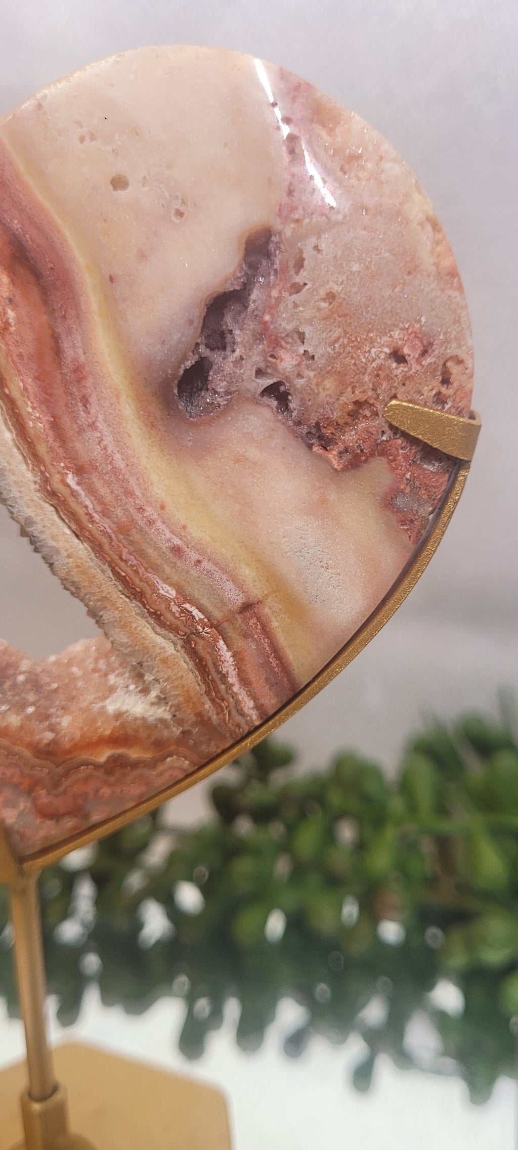 Pink Crazy Lace Agate Druzy Heart on Gold Stand | Open Geode Heart Display | 148g