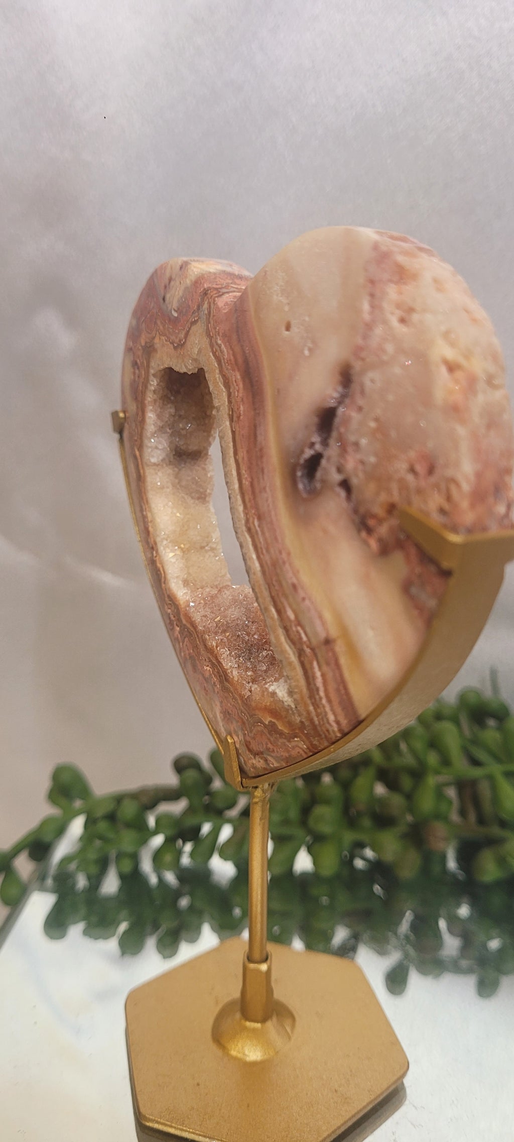 Pink Crazy Lace Agate Druzy Heart on Gold Stand | Open Geode Heart Display | 148g