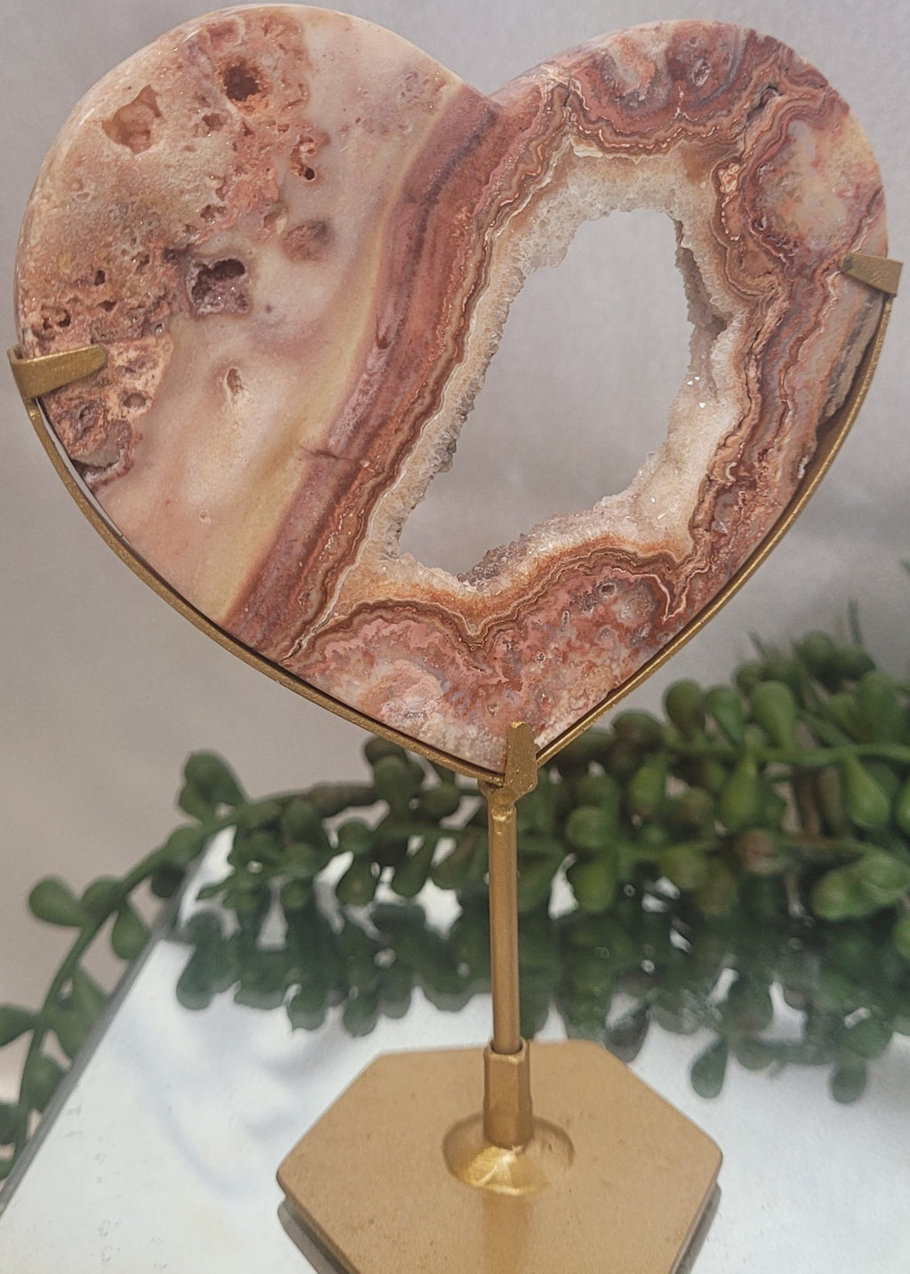 Pink Crazy Lace Agate Druzy Heart on Gold Stand | Open Geode Heart Display | 148g