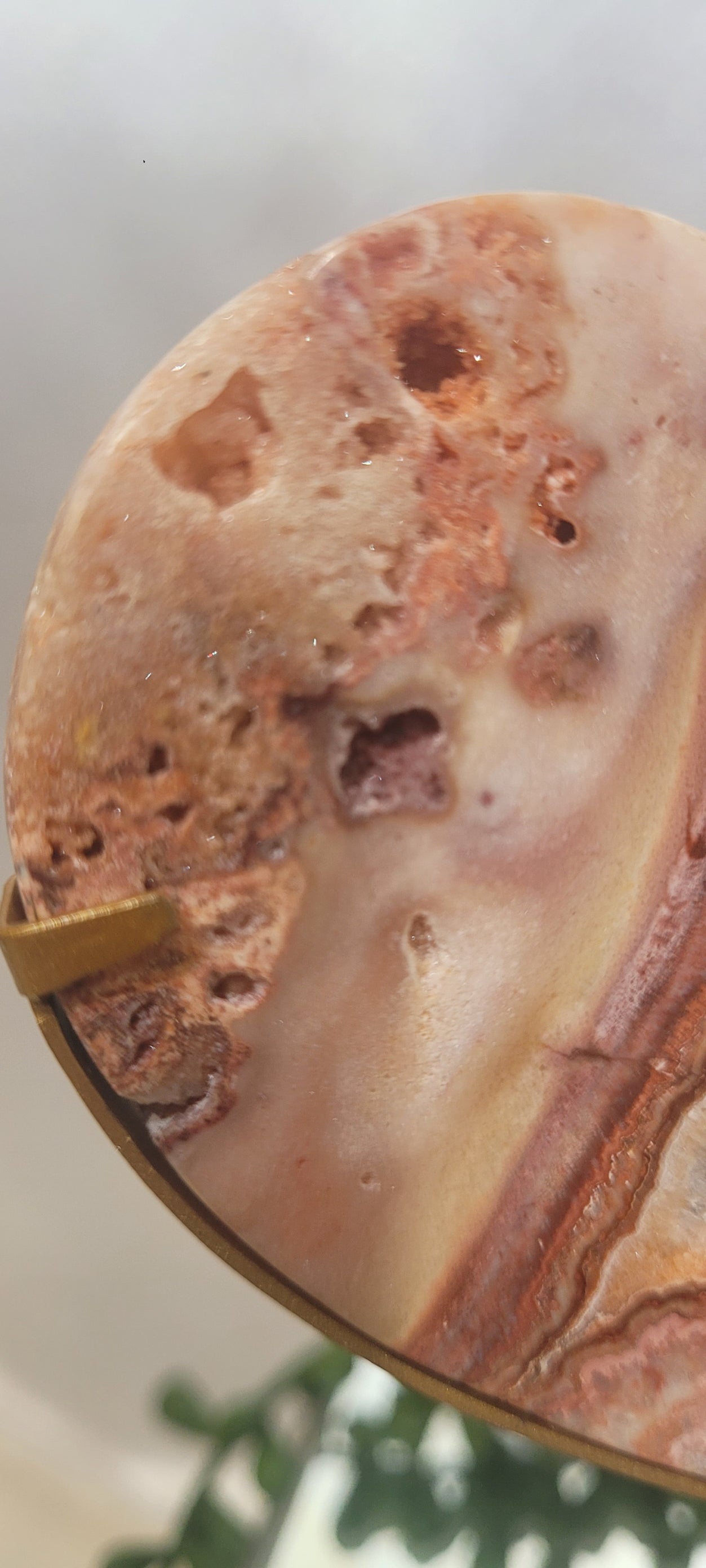 Pink Crazy Lace Agate Druzy Heart on Gold Stand | Open Geode Heart Display | 148g