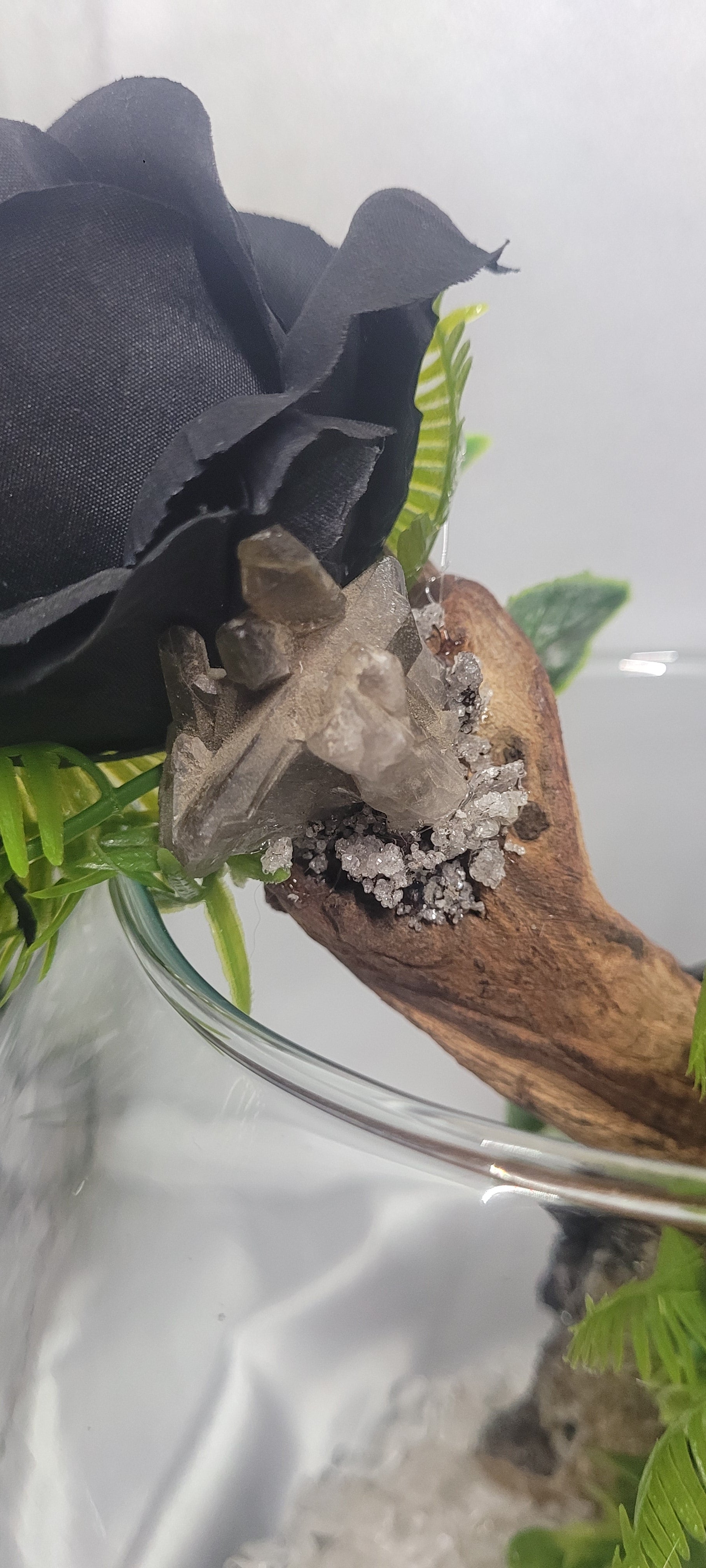 Midnight Garden Smoky Quartz Terrarium with Silver Sheen Obsidian Butterfly