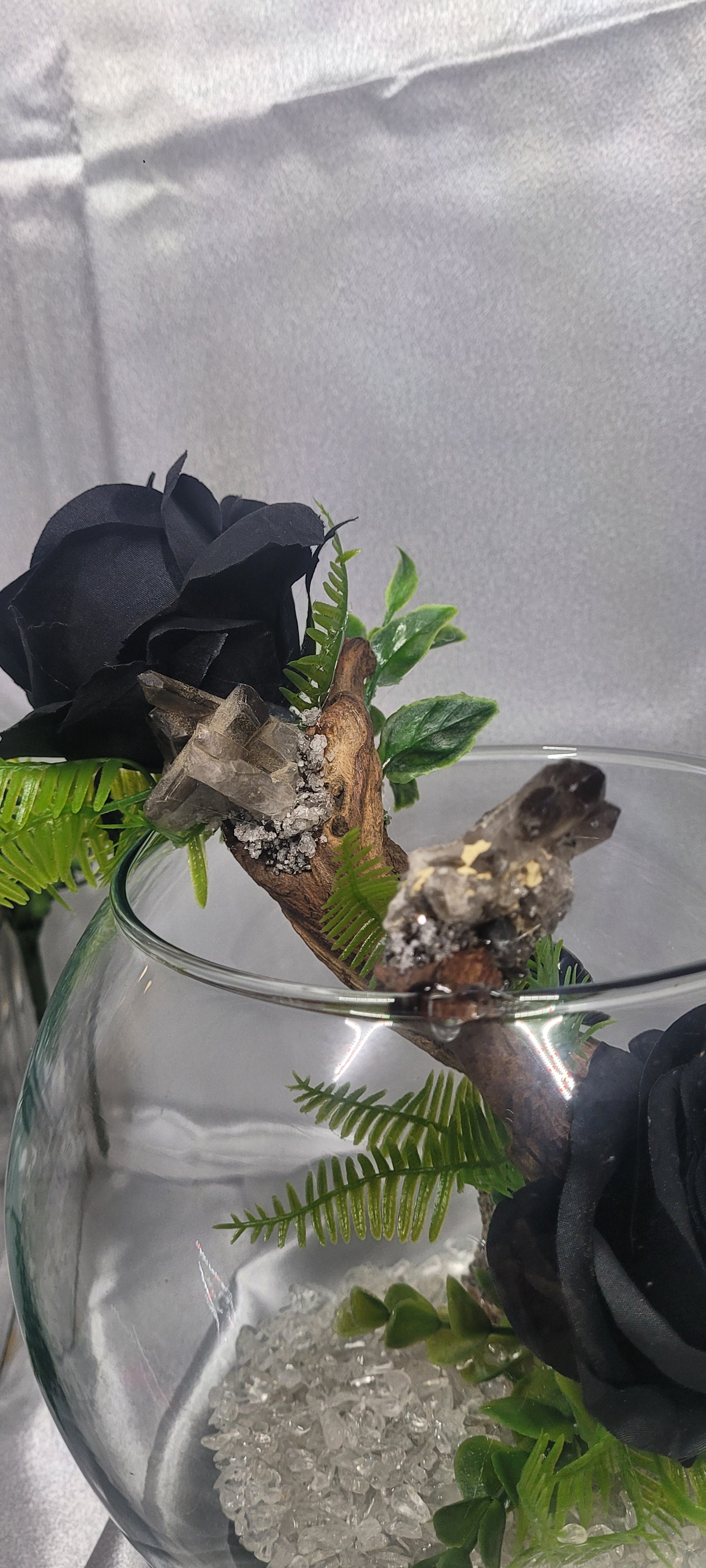 Midnight Garden Smoky Quartz Terrarium with Silver Sheen Obsidian Butterfly