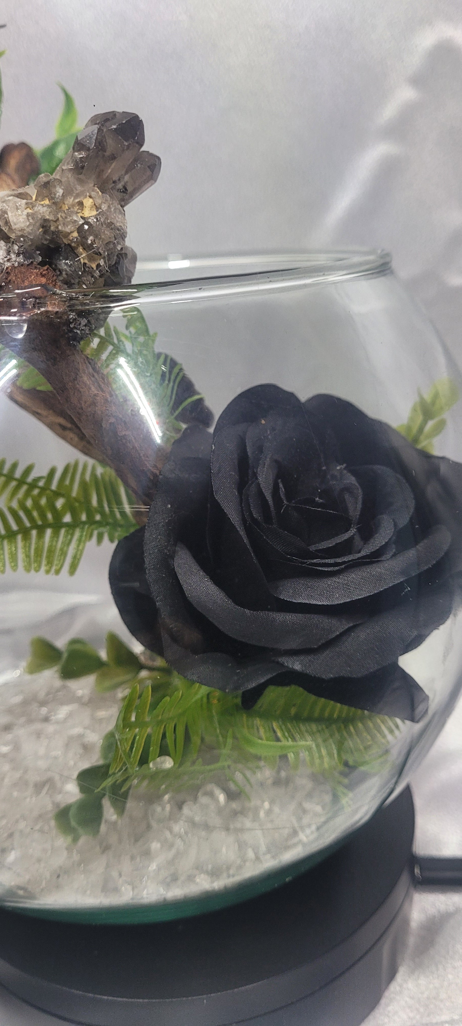 Midnight Garden Smoky Quartz Terrarium with Silver Sheen Obsidian Butterfly