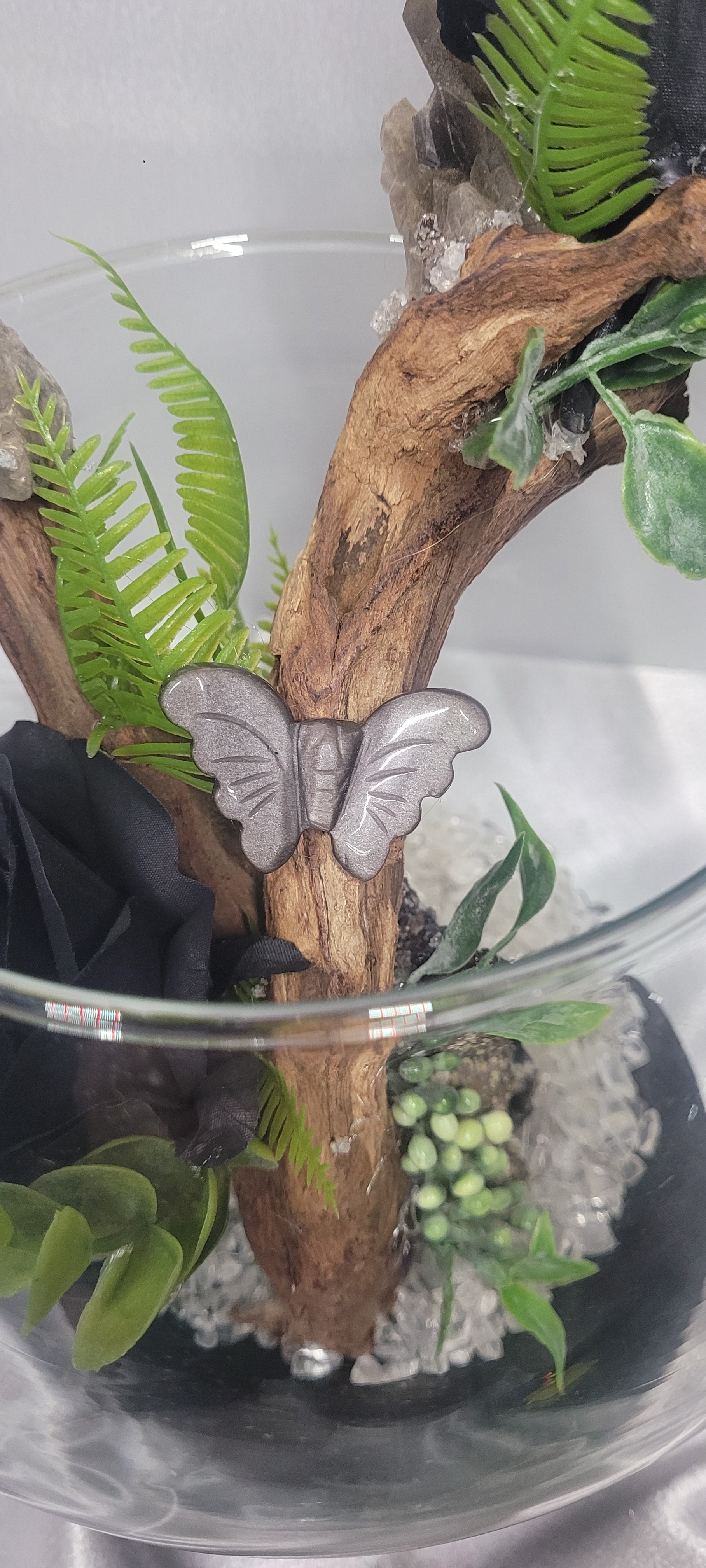 Midnight Garden Smoky Quartz Terrarium with Silver Sheen Obsidian Butterfly