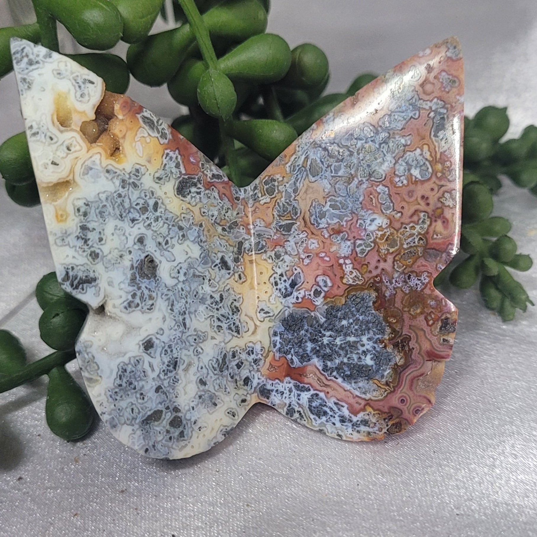 Blue Plume Agate or Pink Crazy Lace 3D Butterfly Carving