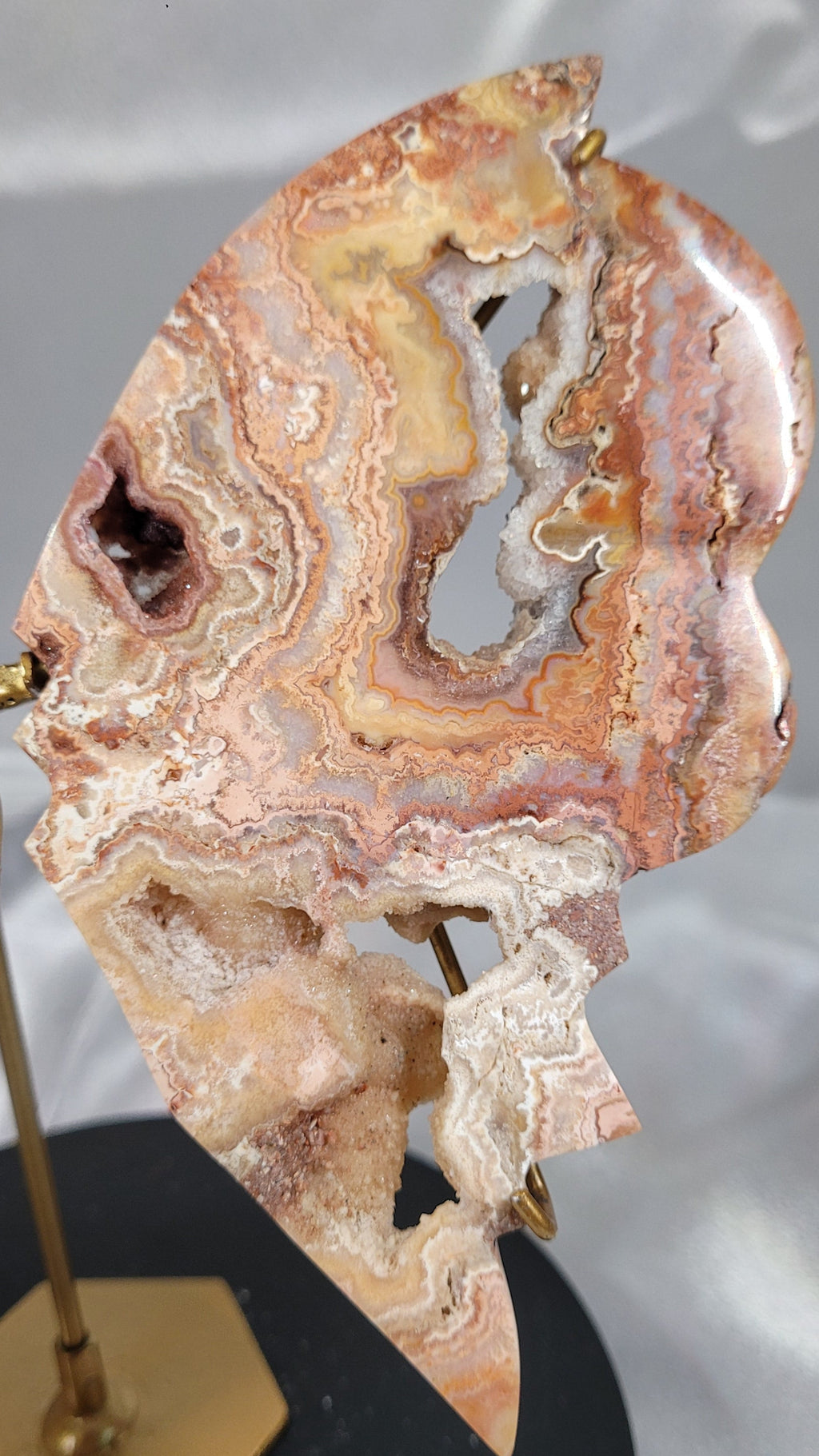 Pink Crazy Lace Agate Butterfly on Gold Stand | Druzy Crystal Butterfly Sculpture | 7.5" Wide