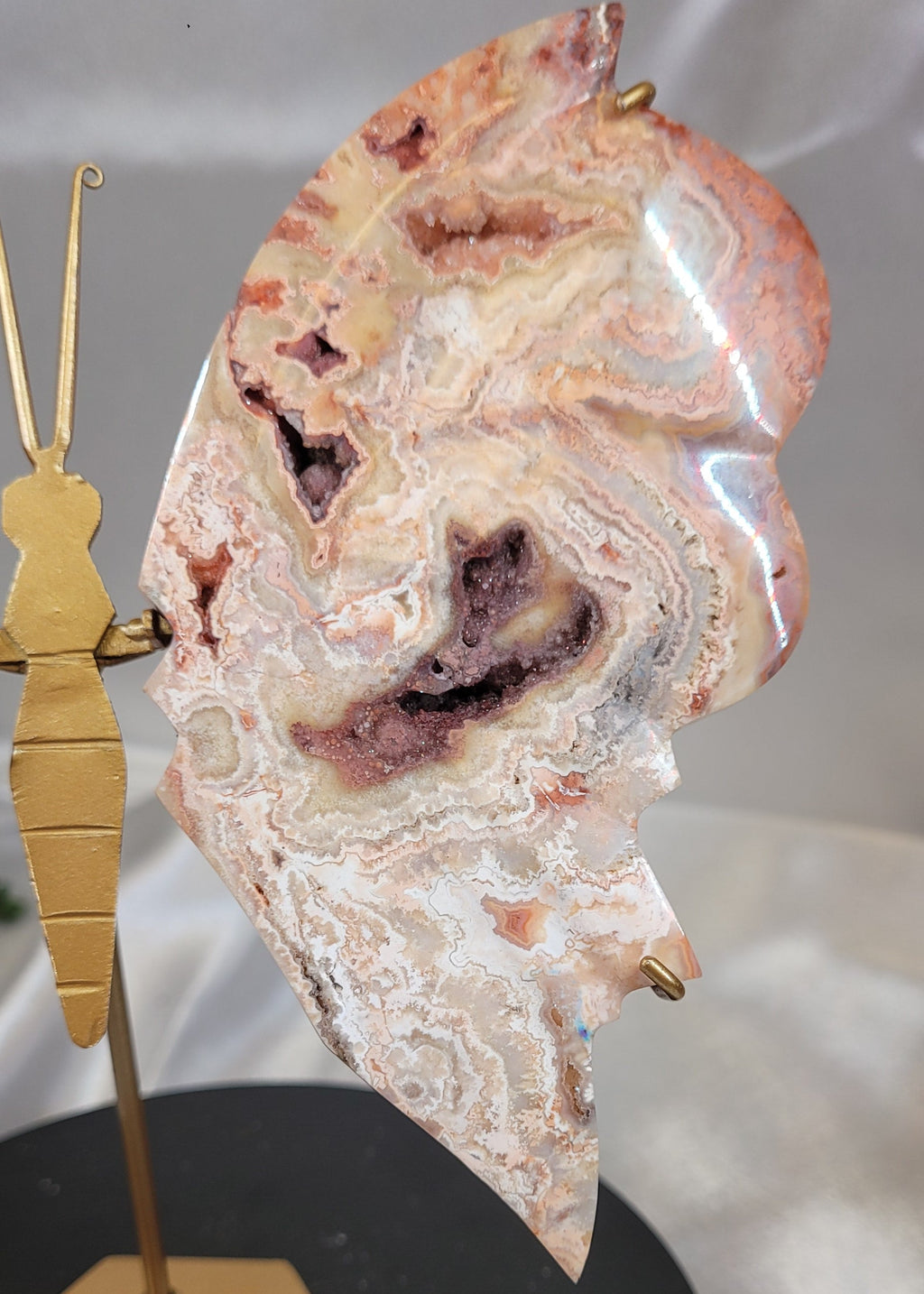 Pink Crazy Lace Agate Butterfly on Gold Stand | Druzy Crystal Butterfly Display | 6.6" Tall