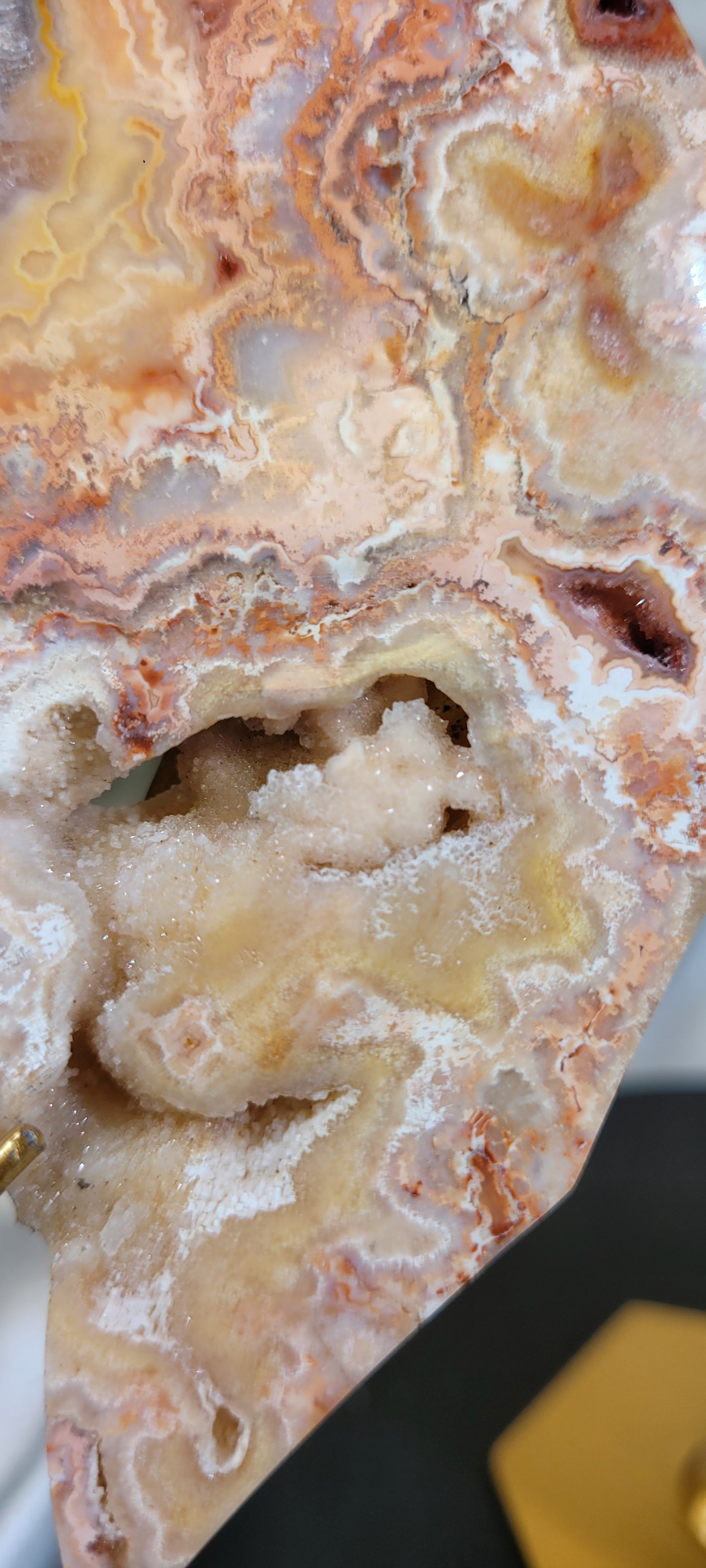 Pink Crazy Lace Agate Butterfly on Gold Stand | Druzy Crystal Butterfly Display | 6.6" Tall