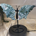 Moss Agate Butterfly Wings on Black Stand | Carved Crystal Butterfly Display | 10.5" Wide