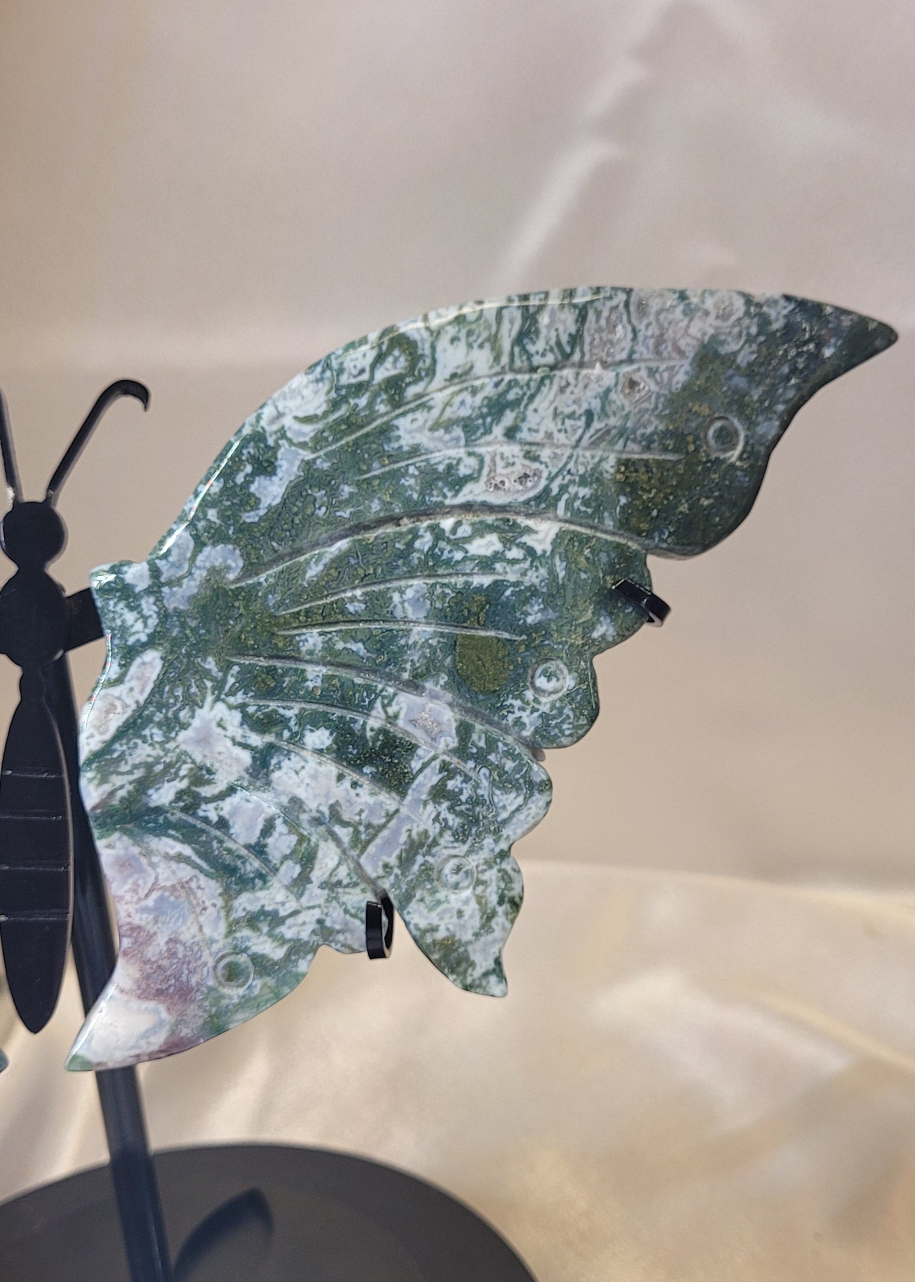 Moss Agate Butterfly Wings on Black Stand | Carved Crystal Butterfly Display | 10.5" Wide
