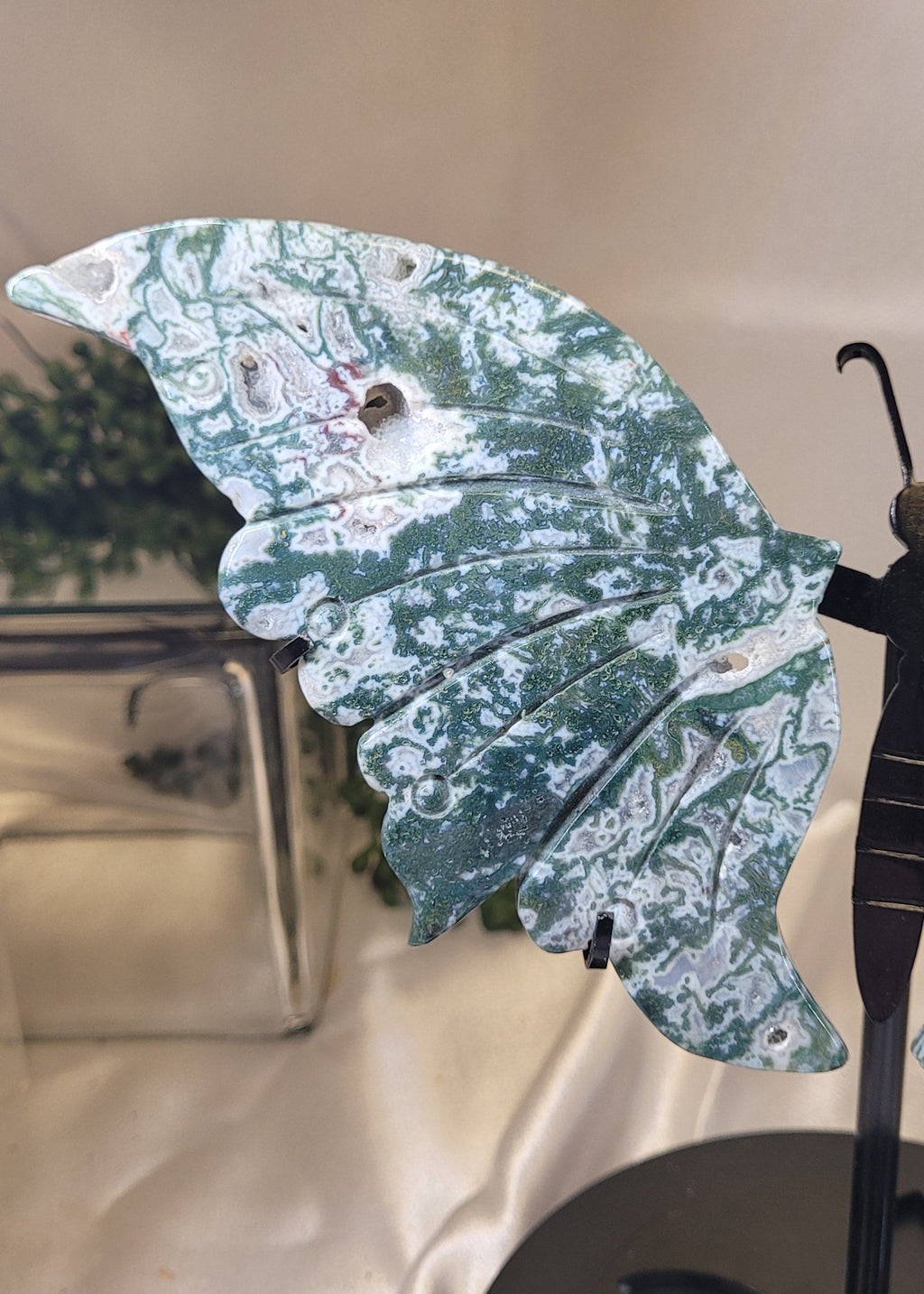 Moss Agate Butterfly Wings on Black Stand | Carved Crystal Butterfly Display | 10.5" Wide