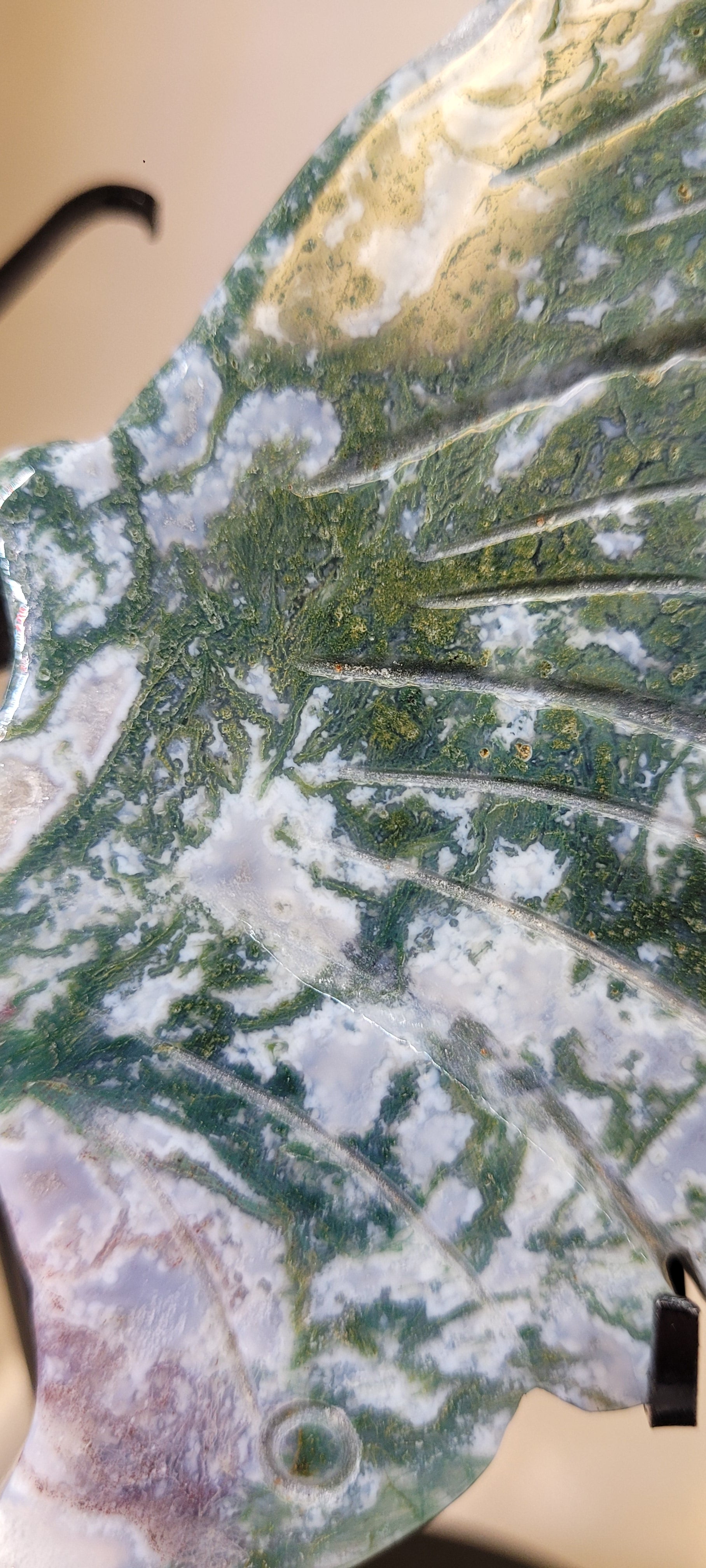 Moss Agate Butterfly Wings on Black Stand | Carved Crystal Butterfly Display | 10.5" Wide