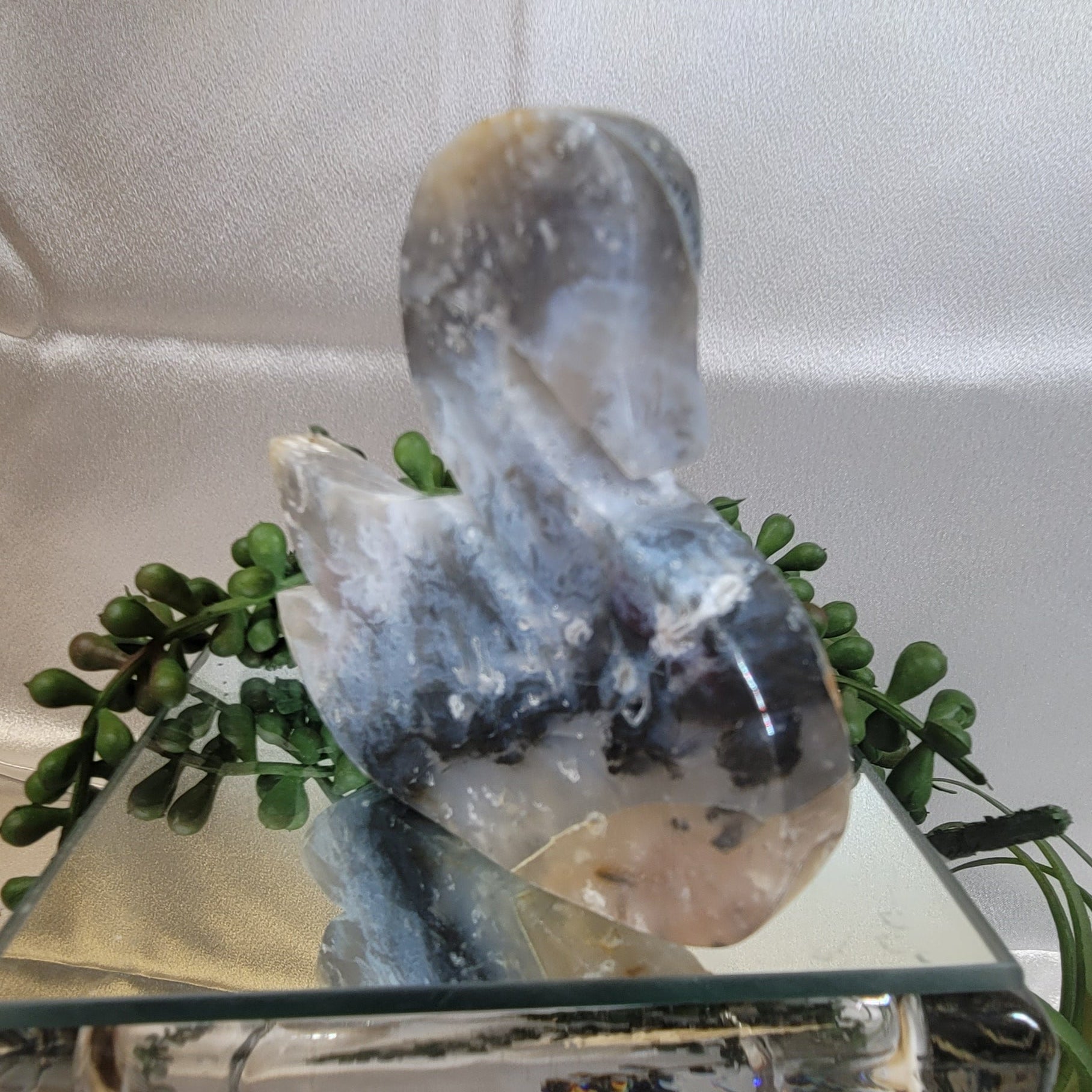 Blue Plume Agate Swan Carving | Natural Agate Crystal Swan | Collector Display Piece