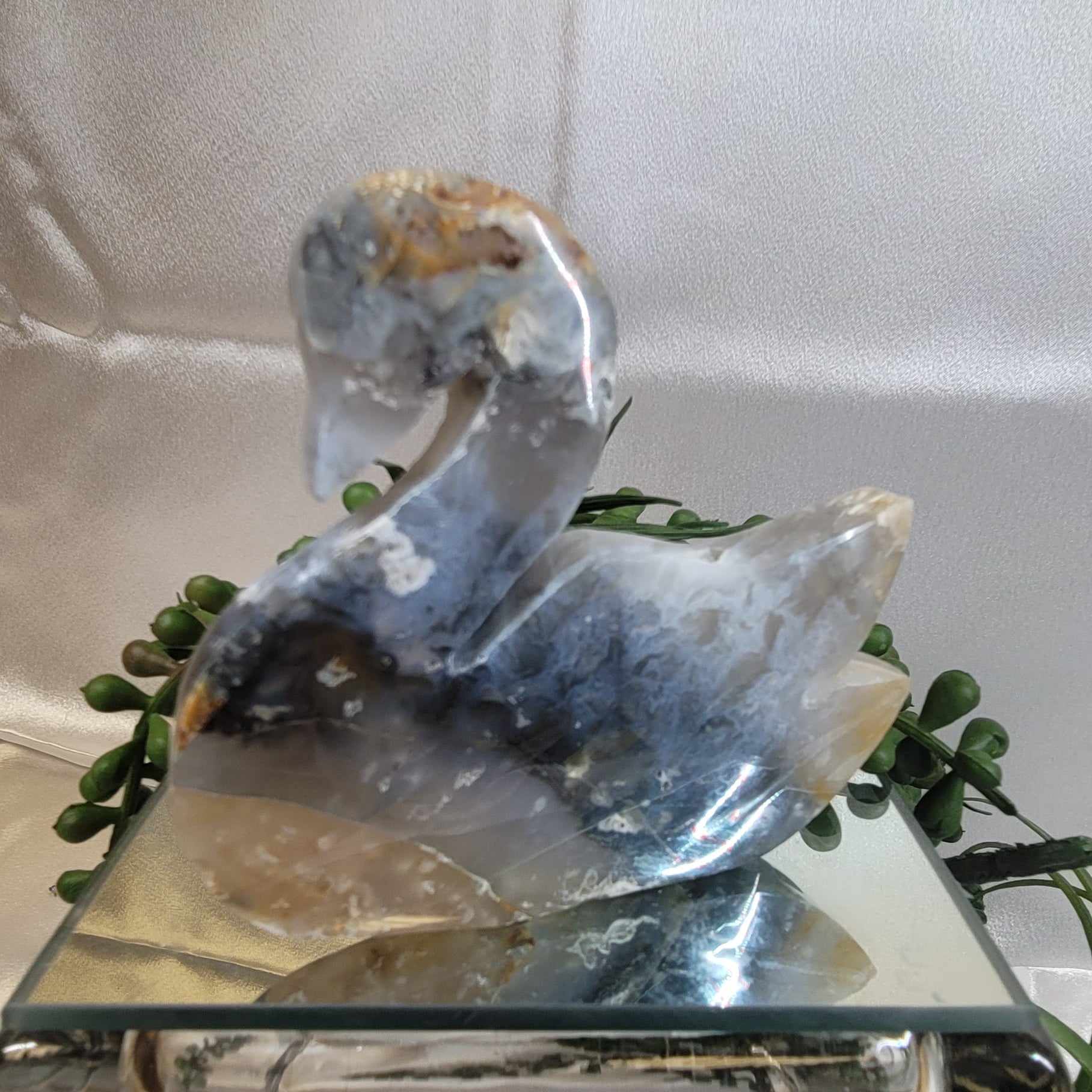 Blue Plume Agate Swan Carving | Natural Agate Crystal Swan | Collector Display Piece
