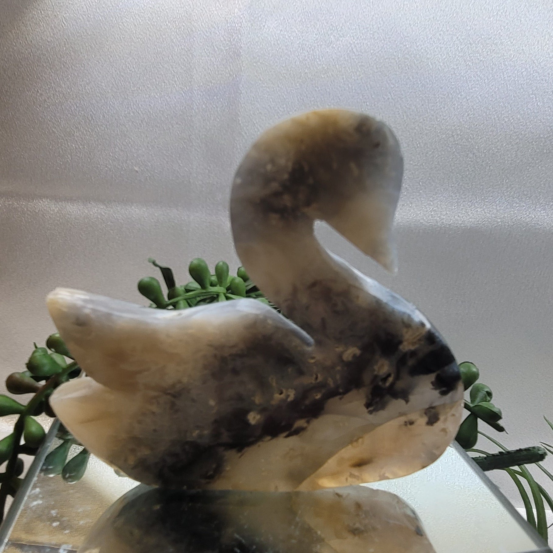 Blue Plume Agate Swan Carving | Natural Agate Crystal Swan | Collector Display Piece
