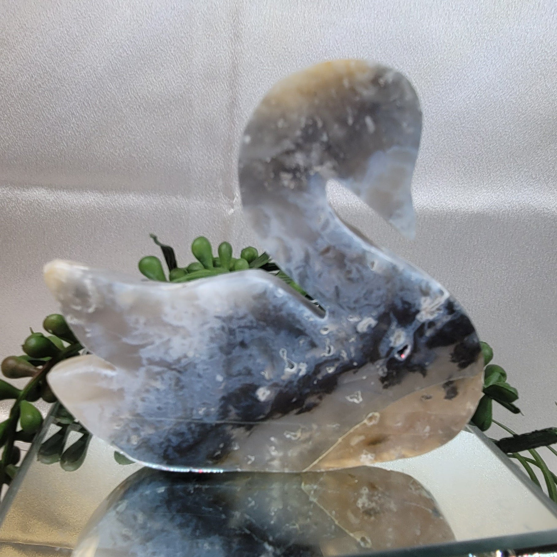 Blue Plume Agate Swan Carving | Natural Agate Crystal Swan | Collector Display Piece