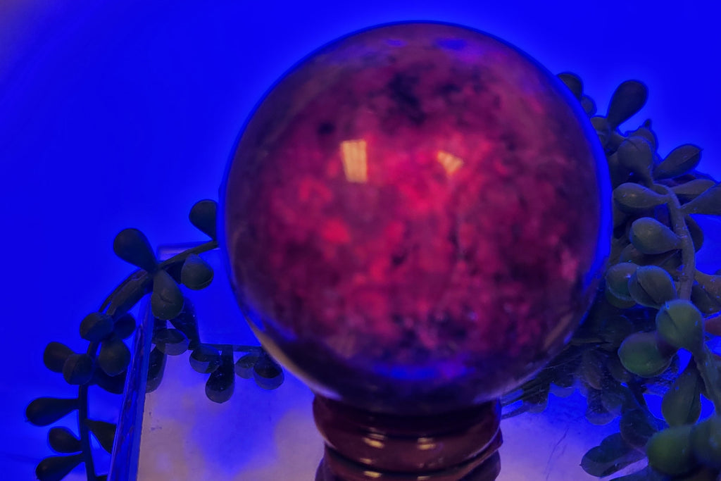 Ruby in Kyanite Sphere | 54.6mm Crystal Sphere | Natural Ruby & Blue Kyanite Crystal Ball | Fluorescent Under UV