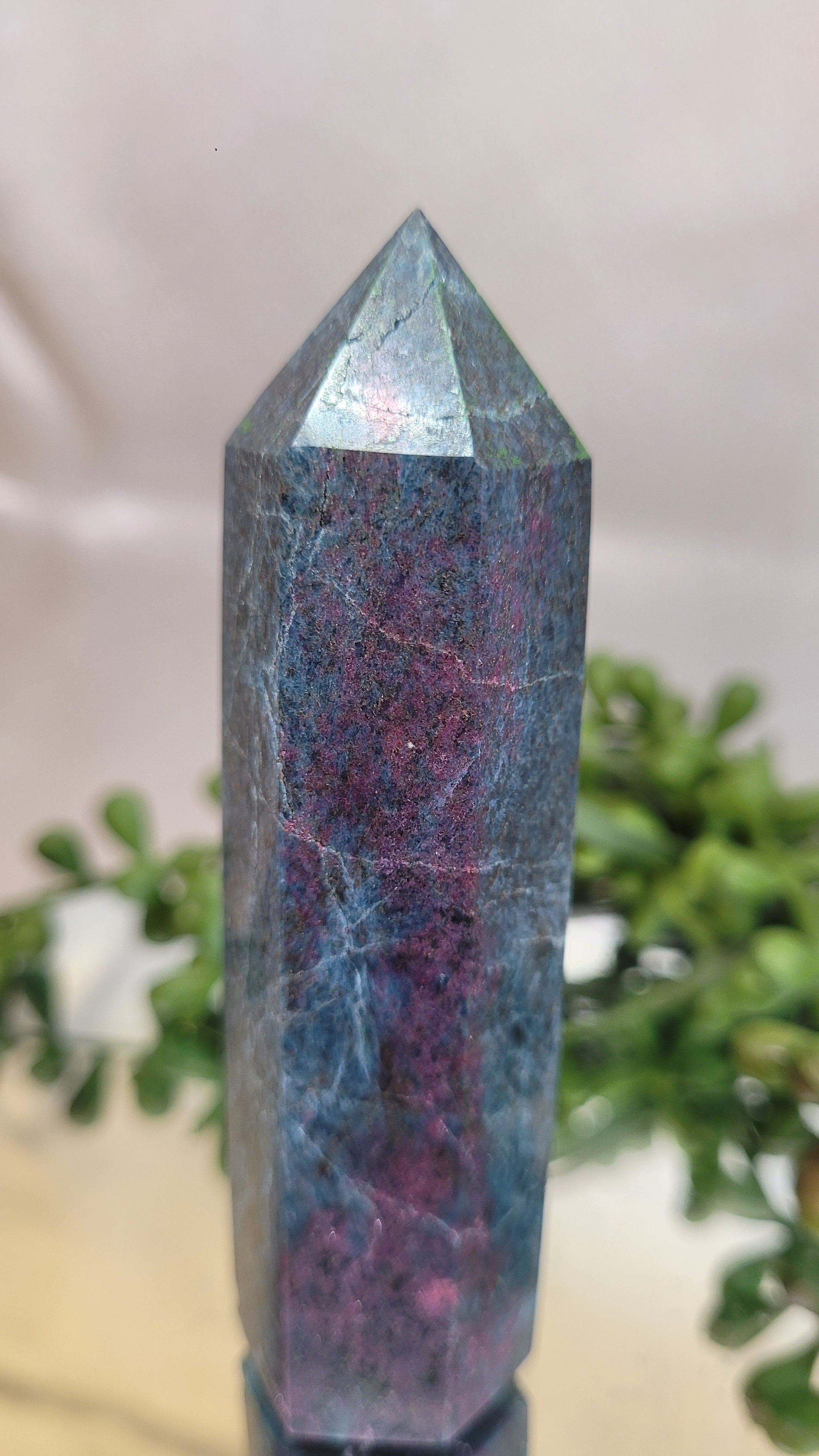 UV Reactive Ruby in Kyanite Tower | 88.7mm Natural Crystal Point | Fluorescent Ruby & Blue Kyanite Generator