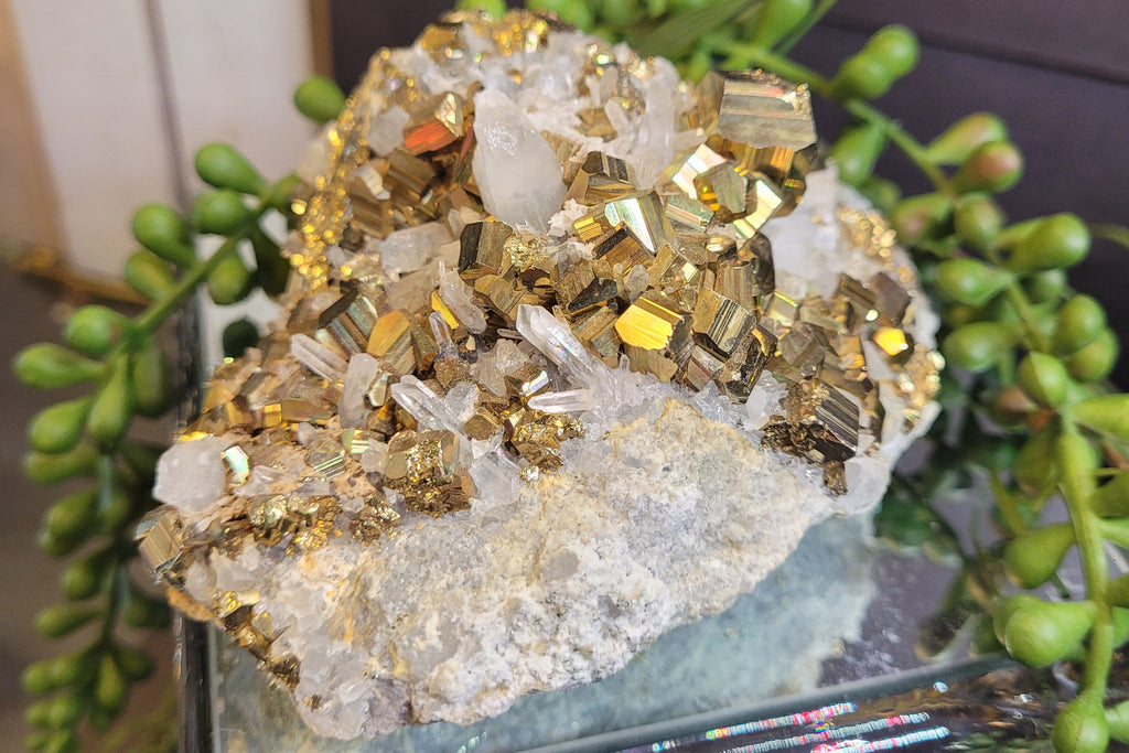 Pyrite & Quartz Crystal Cluster | Sparkling Natural Cubic Pyrite Specimen | 527g Collector Display Piece