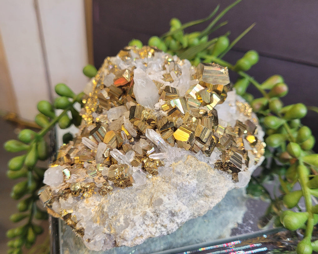 Pyrite & Quartz Crystal Cluster | Sparkling Natural Cubic Pyrite Specimen | 527g Collector Display Piece