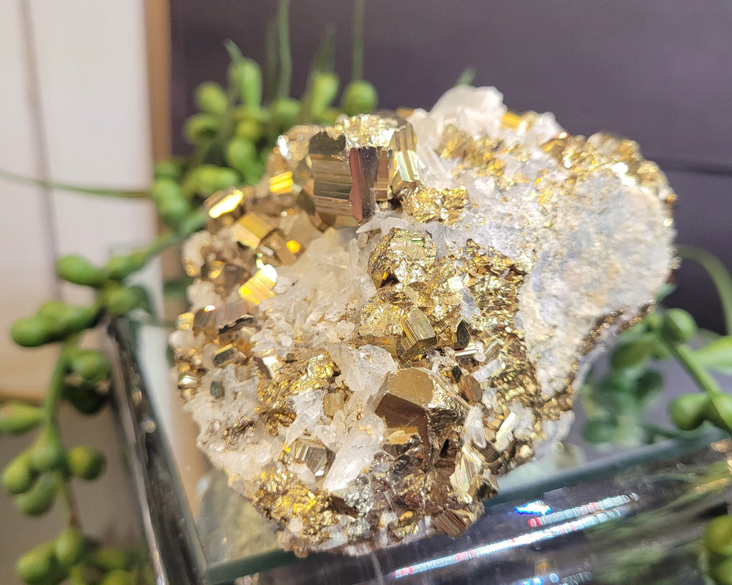 Pyrite & Quartz Crystal Cluster | Sparkling Natural Cubic Pyrite Specimen | 527g Collector Display Piece