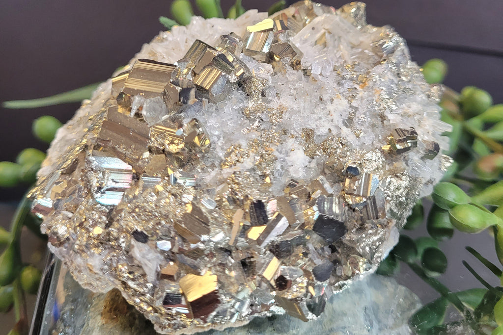 Pyrite & Quartz Crystal Cluster | Sparkling Cubic Pyrite Specimen | 336g Natural Collector Display
