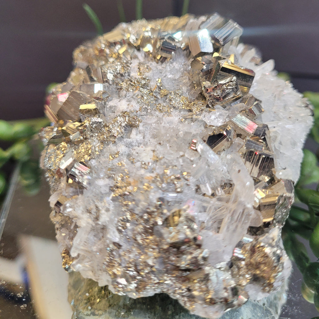 Pyrite & Quartz Crystal Cluster | Sparkling Cubic Pyrite Specimen | 336g Natural Collector Display