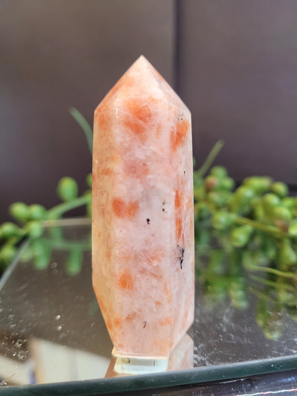 Sunstone Crystal Tower | Natural Peach Sunstone Point | Copper Flash Gemstone | 62.4mm, 46g