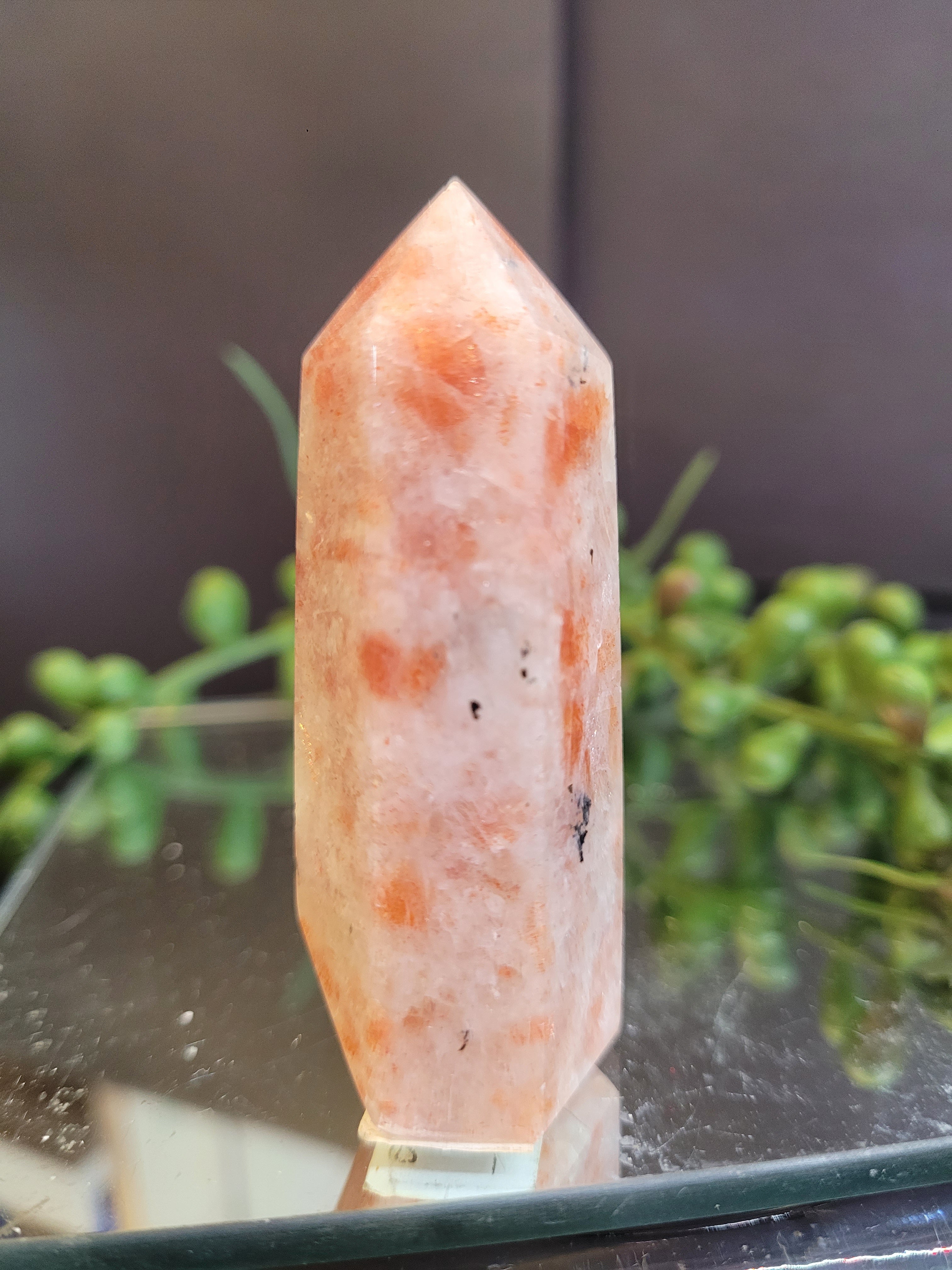 Sunstone Crystal Tower | Natural Peach Sunstone Point | Copper Flash Gemstone | 62.4mm, 46g