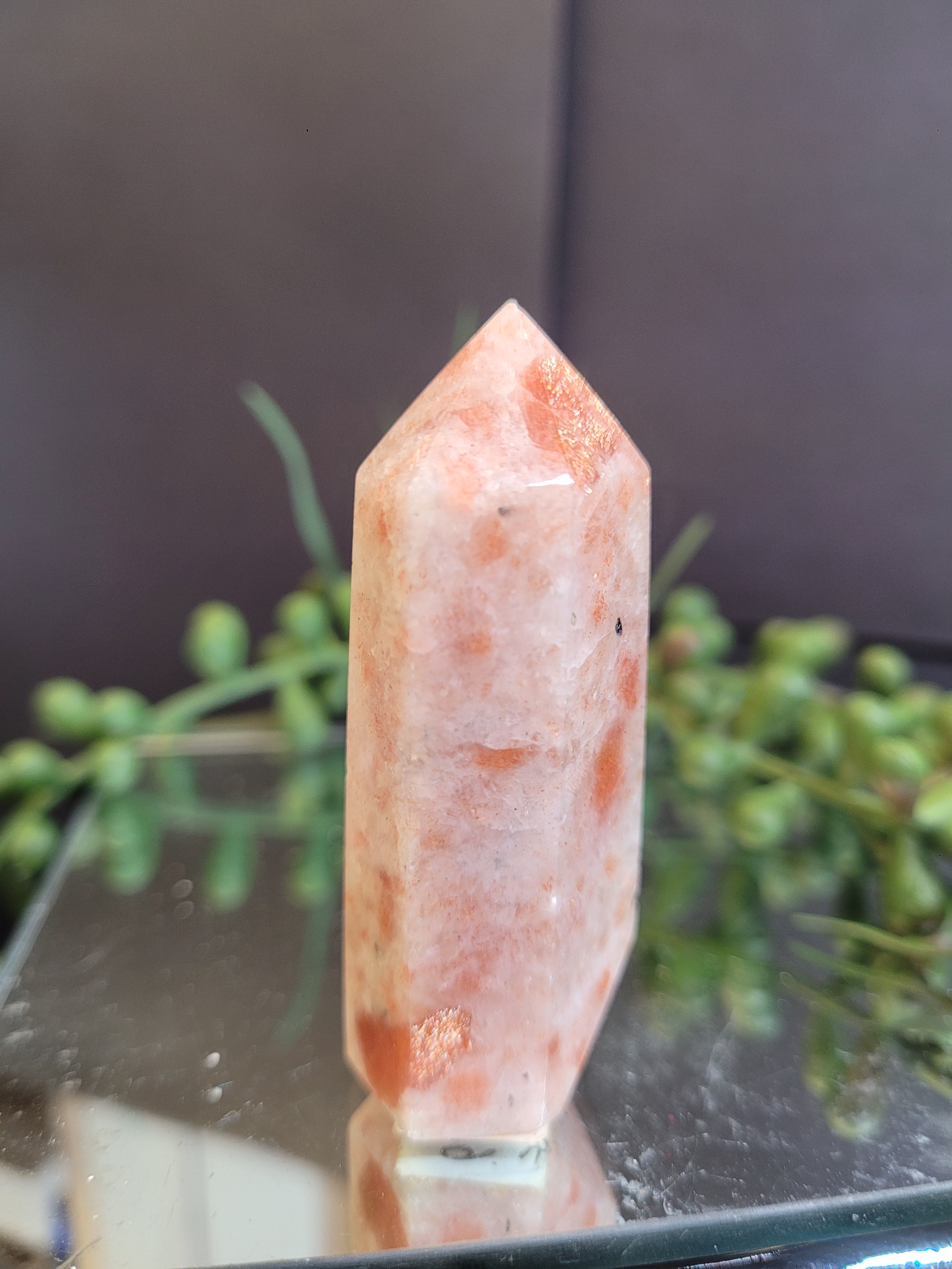 Sunstone Crystal Tower | Natural Peach Sunstone Point | Copper Flash Gemstone | 62.4mm, 46g