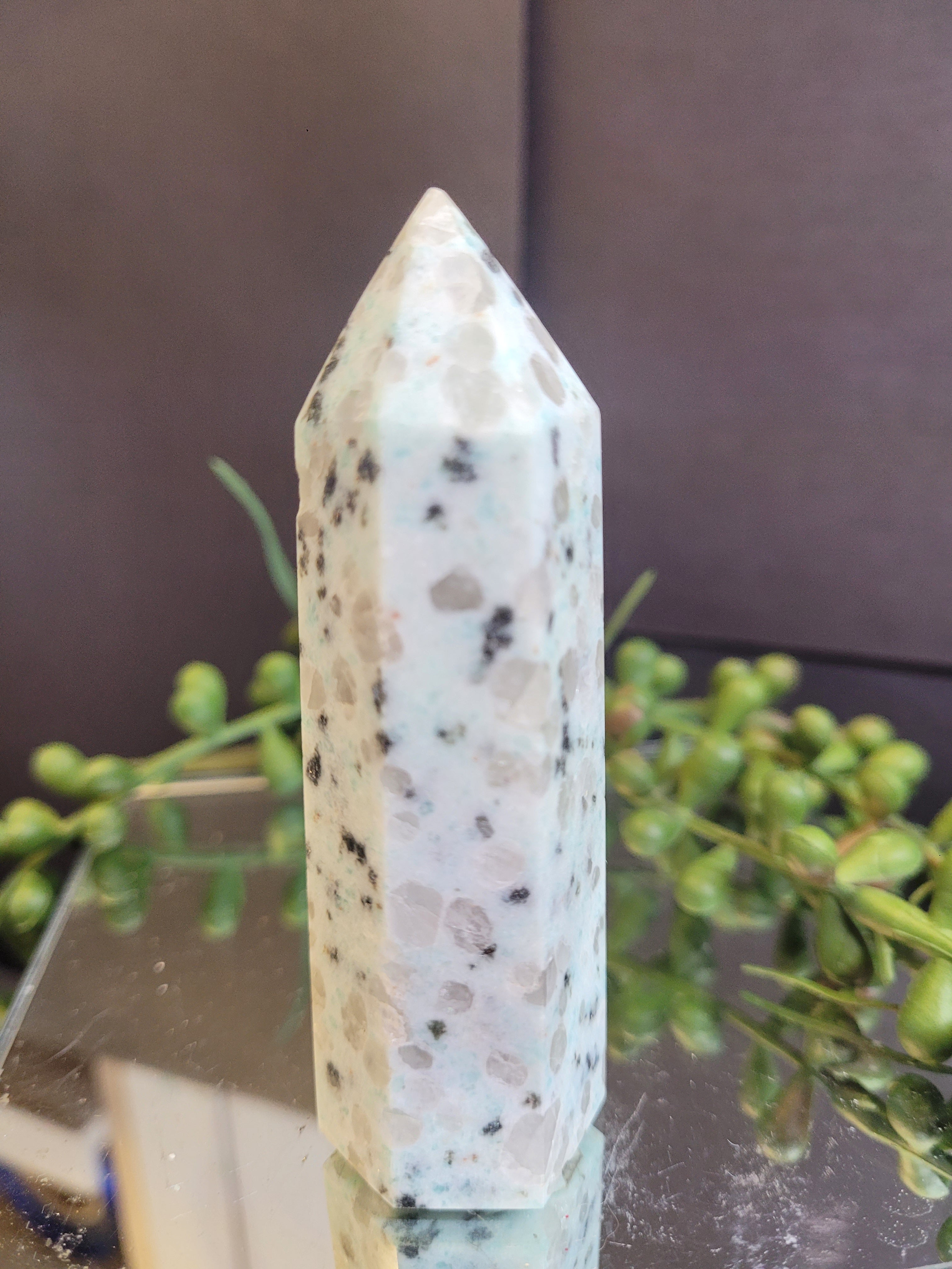 Natural Kiwi Jasper Crystal Tower | Polished Kiwi Stone Point | Black Tourmaline Inclusions | One-of-a-Kind