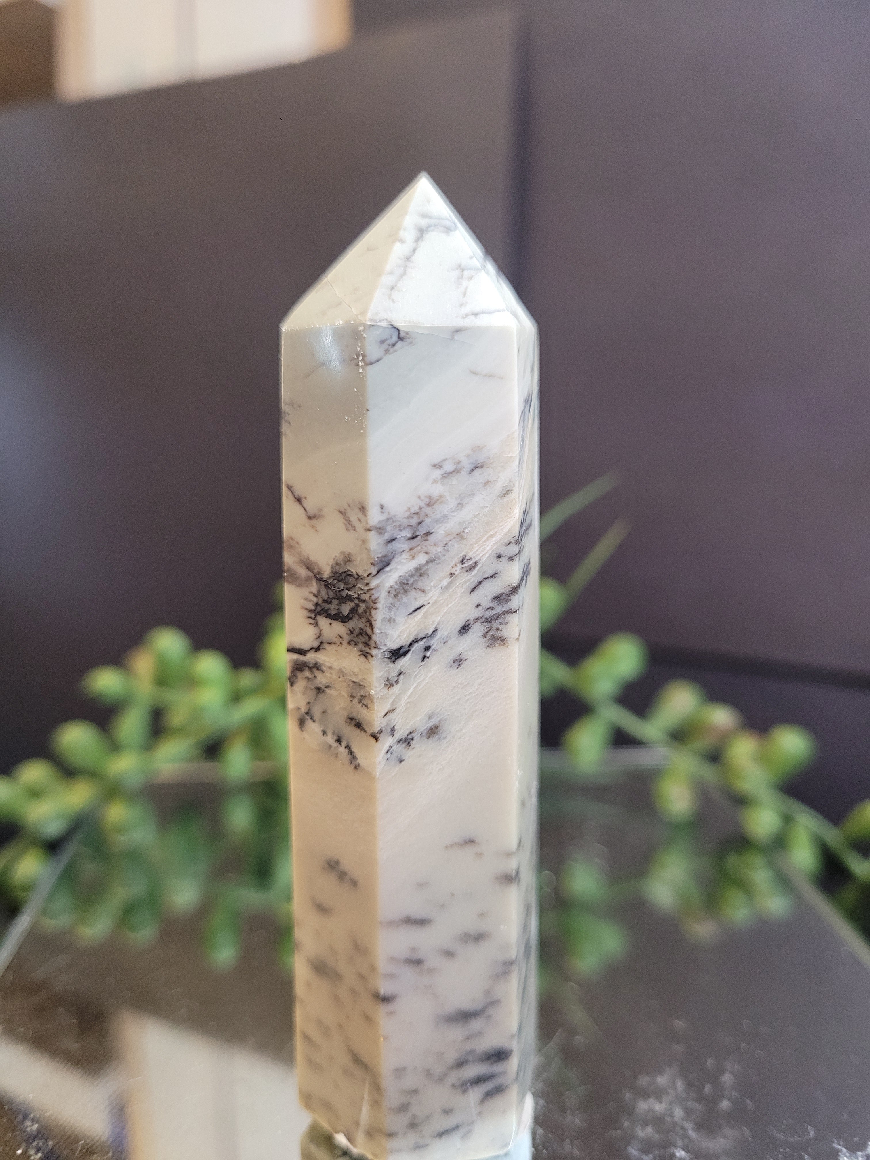 Dendritic Opal Tower | Natural White Dendritic Crystal Point | 89.8mm | 90g