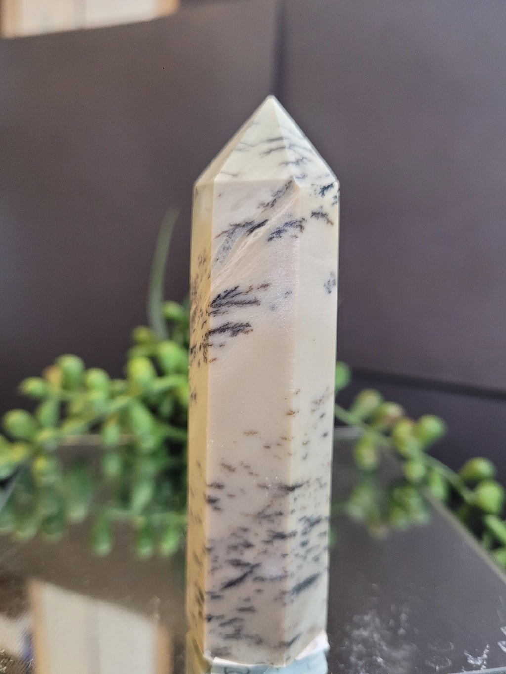 Dendritic Opal Tower | Natural White Dendritic Crystal Point | 89.8mm | 90g