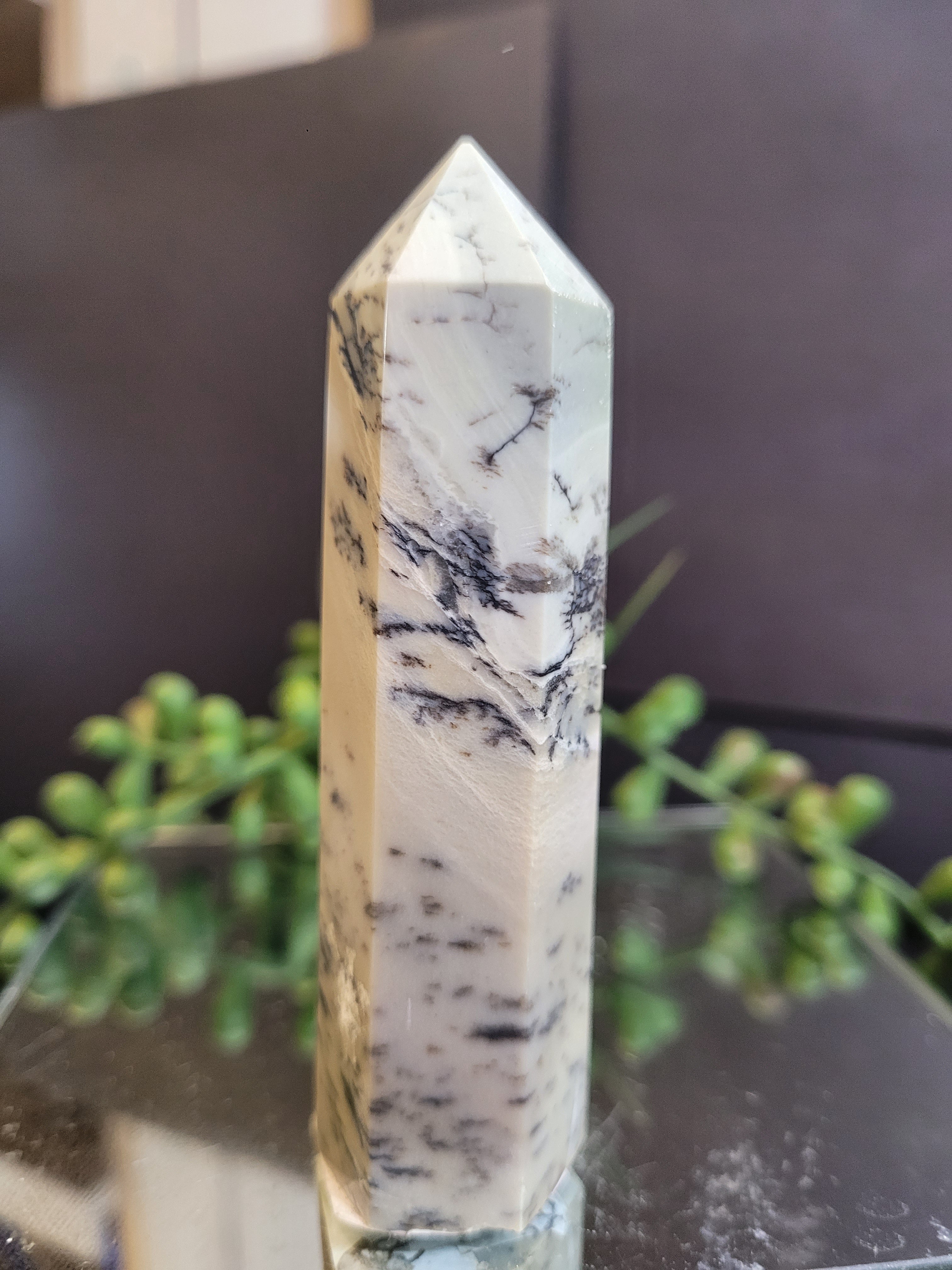 Dendritic Opal Tower | Natural White Dendritic Crystal Point | 89.8mm | 90g