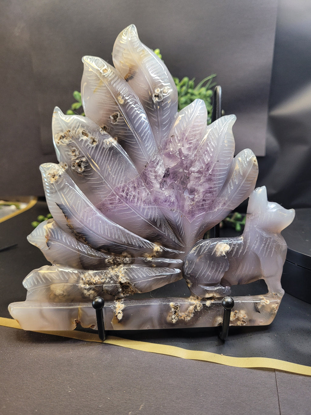 Agate Fox with Amethyst Druzy Feather Display