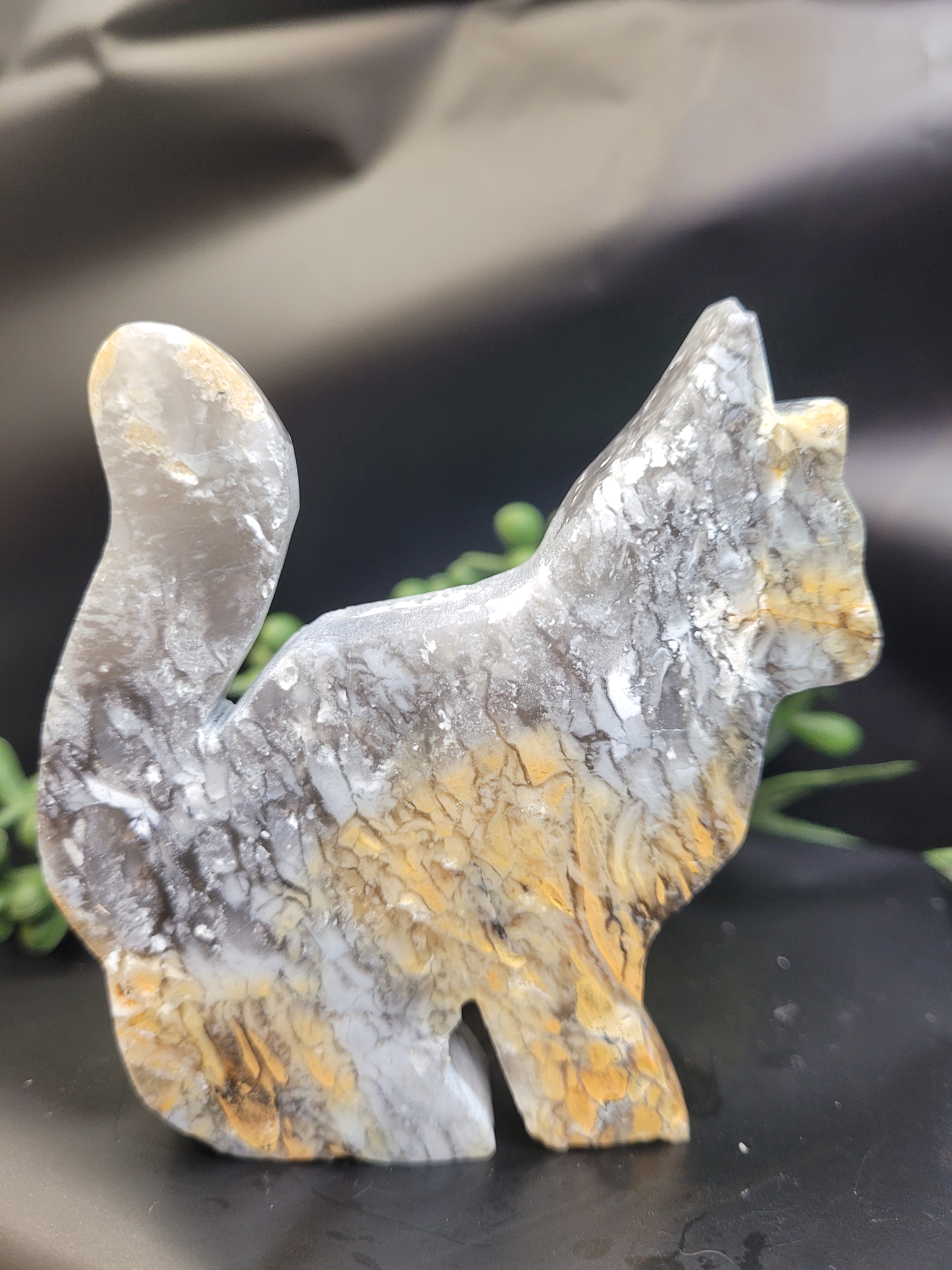 Blue Plume Agate Cat Carving