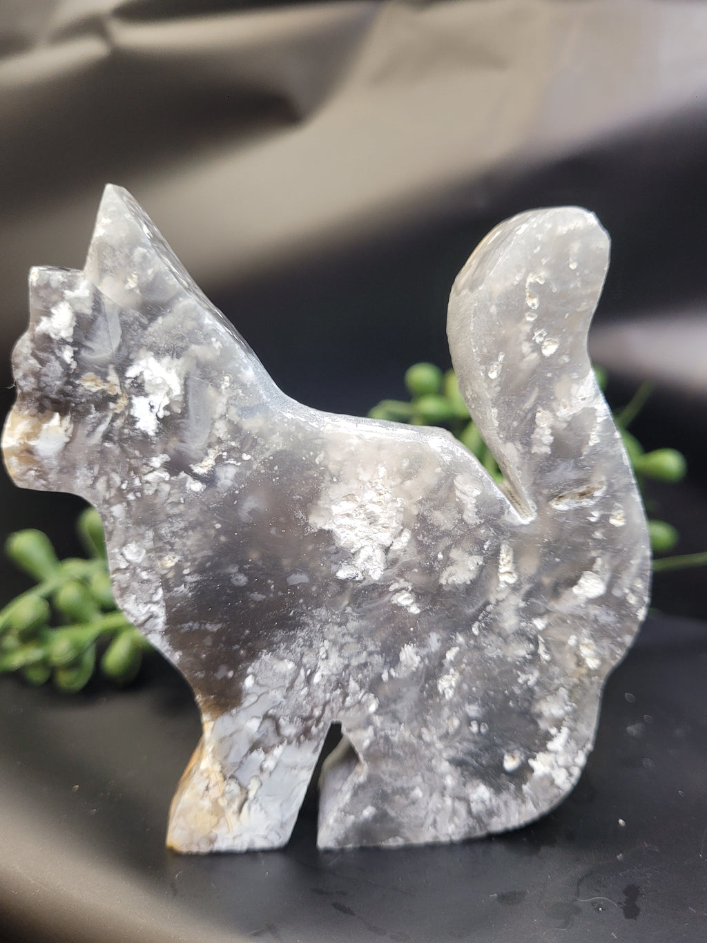 Blue Plume Agate Cat Carving