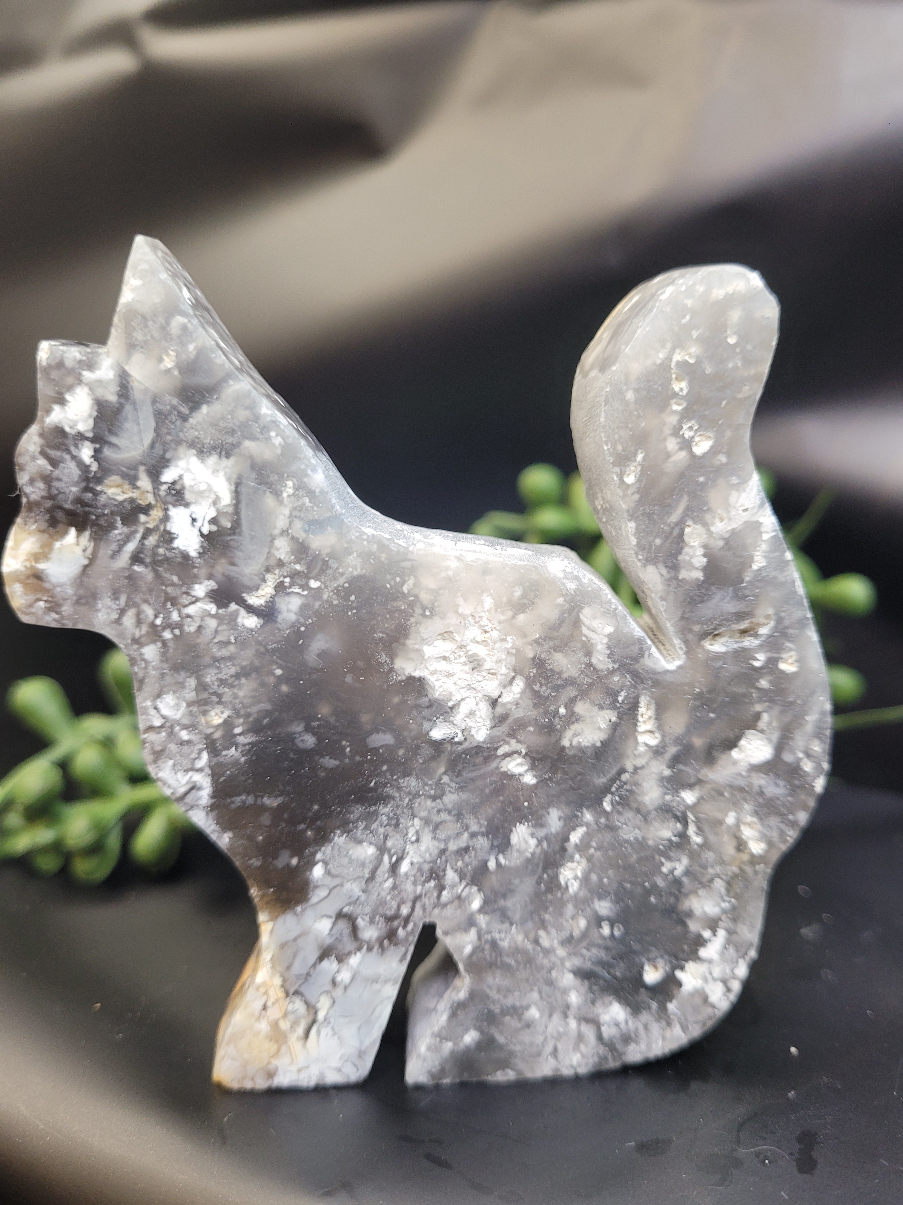 Blue Plume Agate Cat Carving