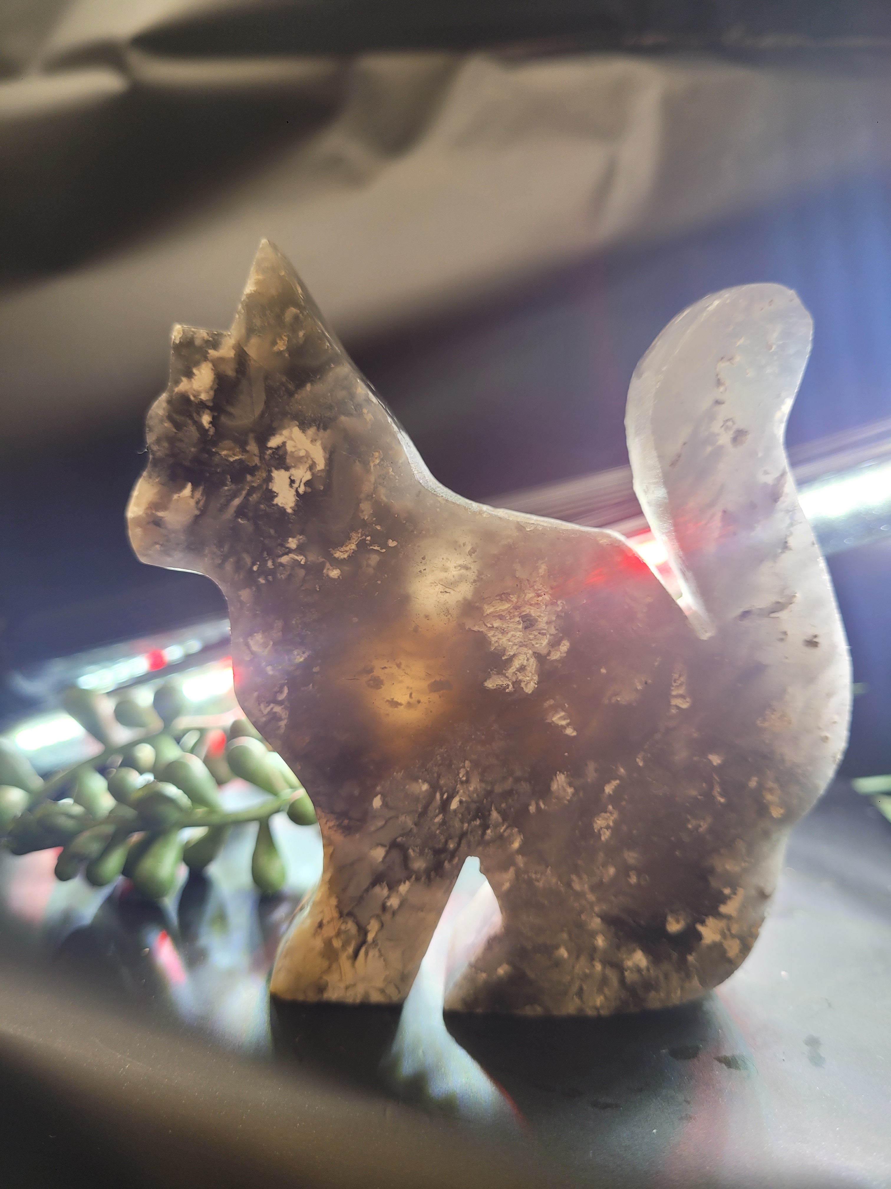 Blue Plume Agate Cat Carving