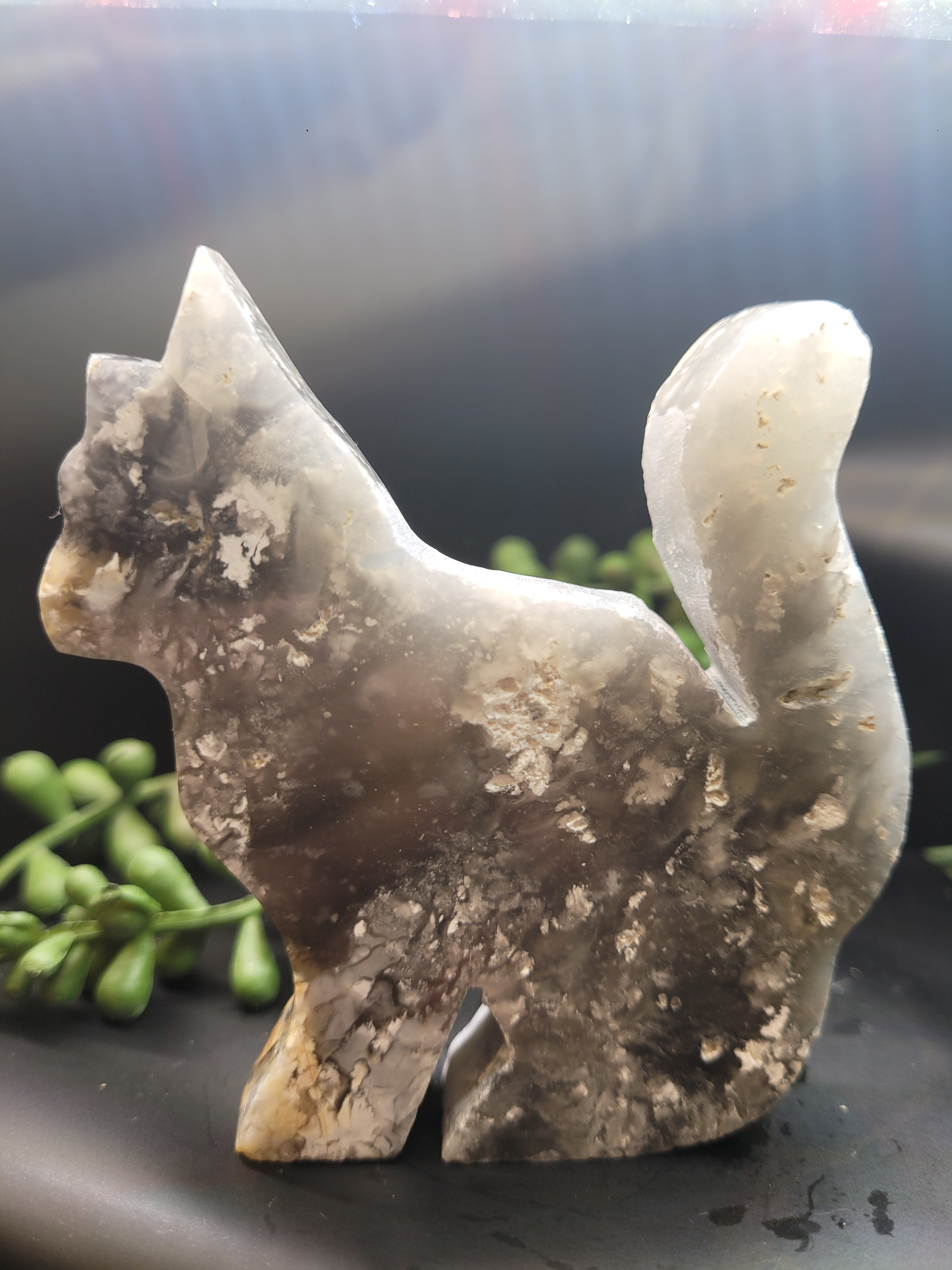 Blue Plume Agate Cat Carving