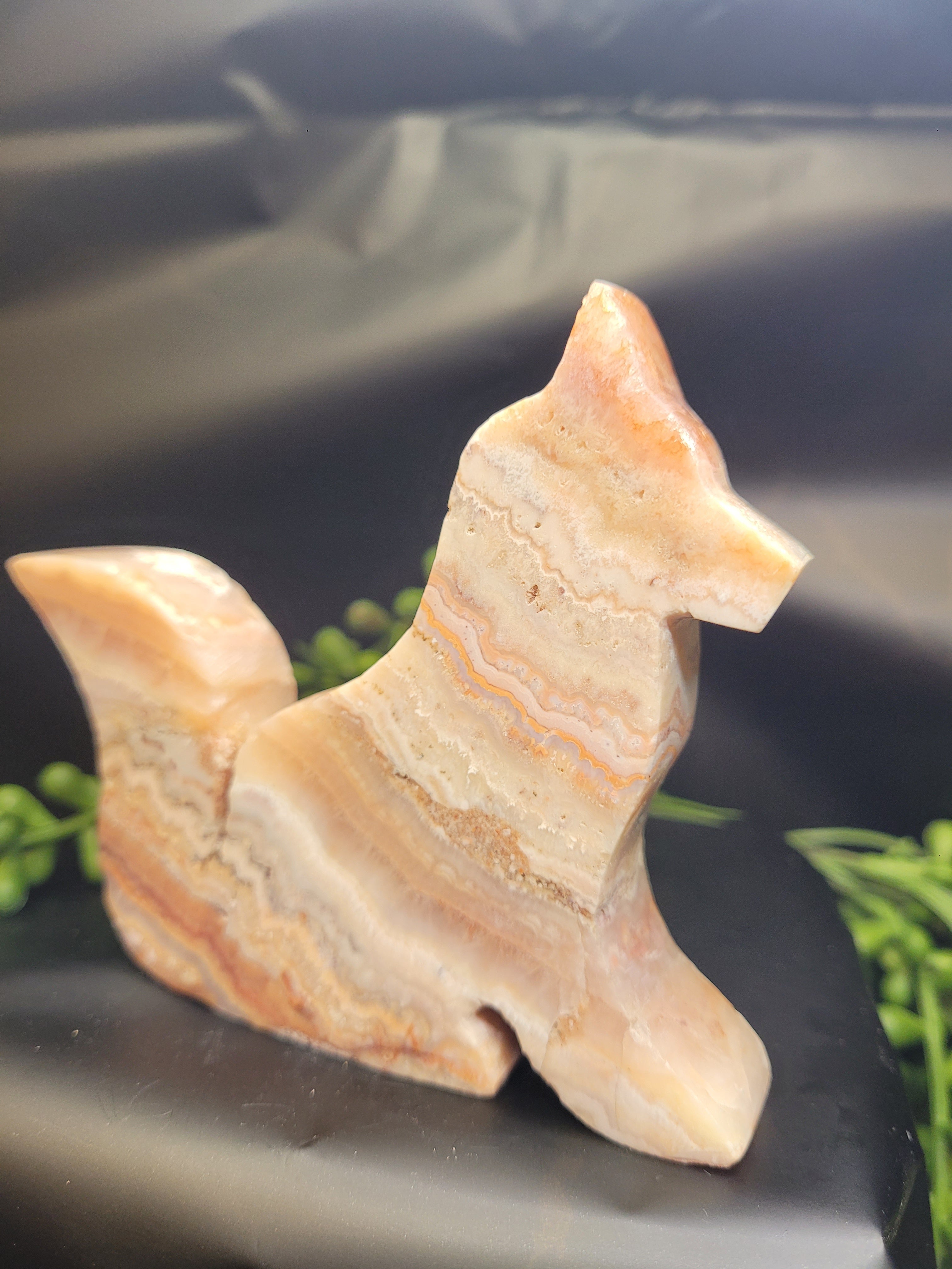 Pink Lace Agate Fox Carving