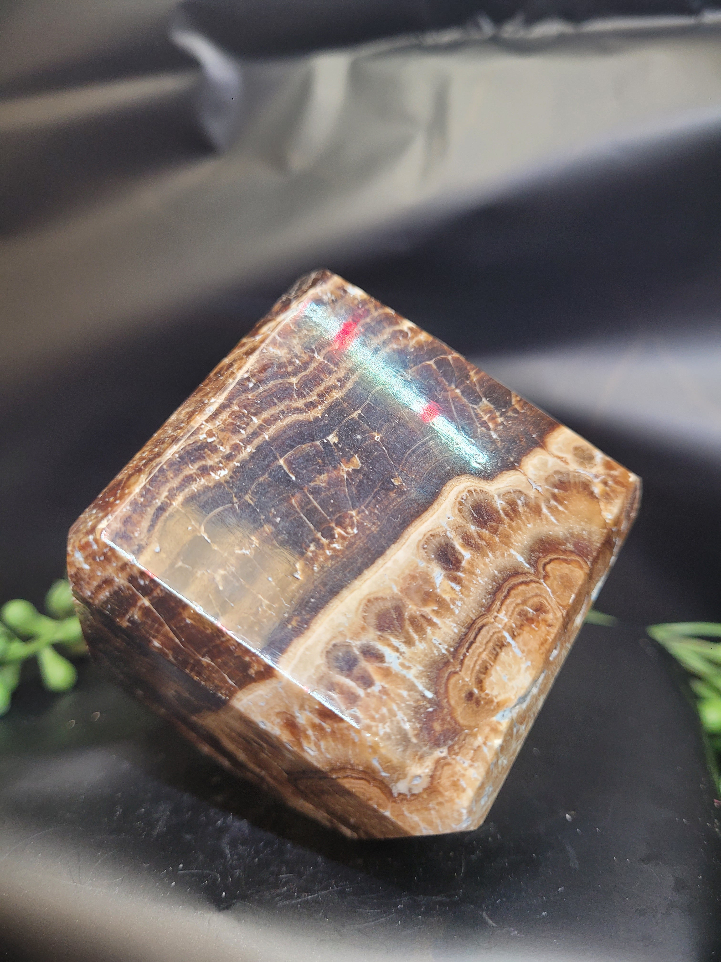 Chocolate Calcite Cube | Natural Banded Brown Calcite Display Stone