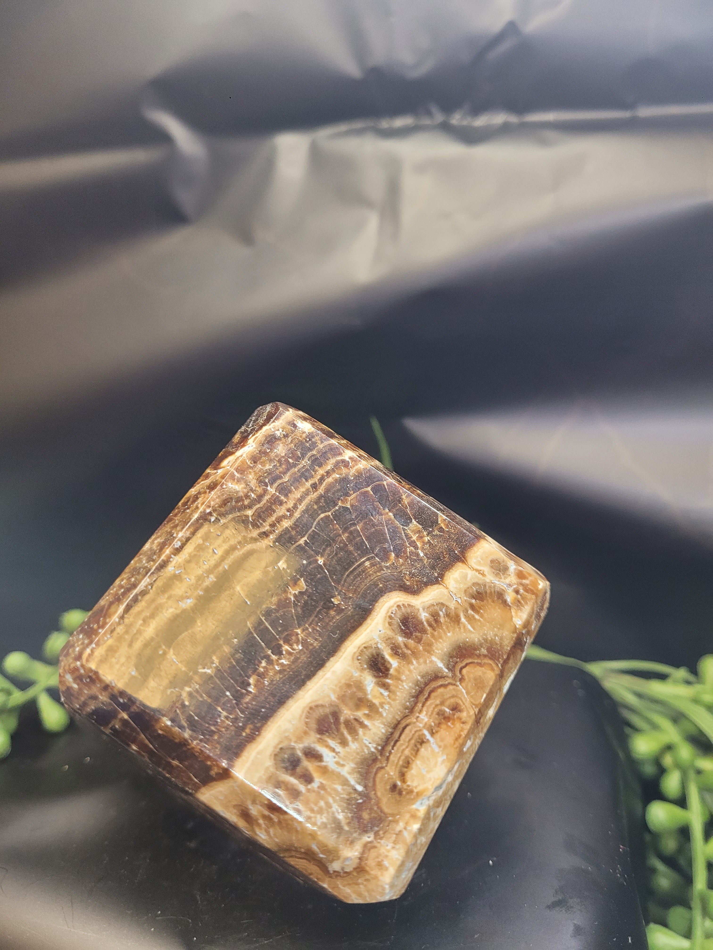 Chocolate Calcite Cube | Natural Banded Brown Calcite Display Stone
