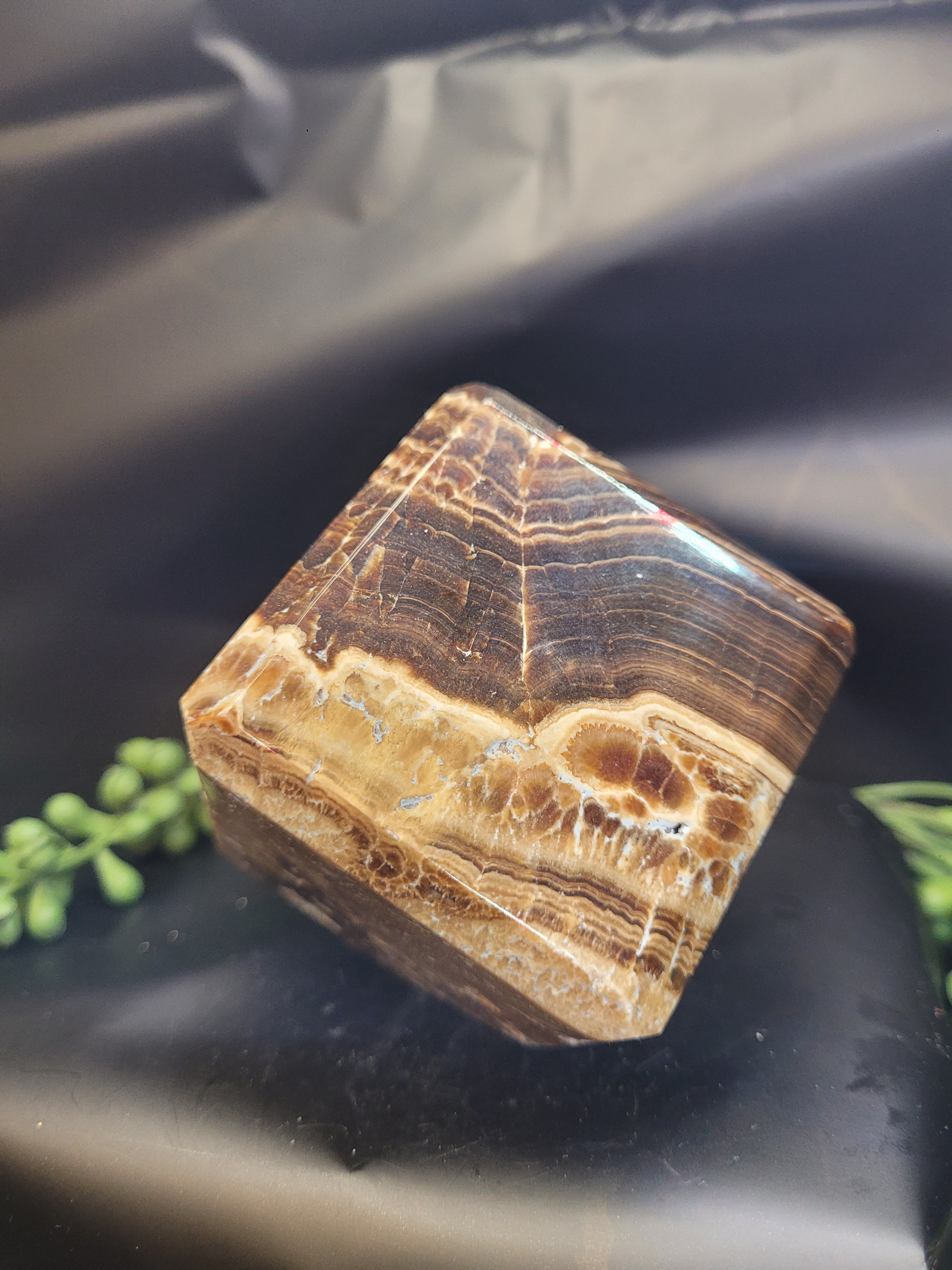 Chocolate Calcite Cube | Natural Banded Brown Calcite Display Stone