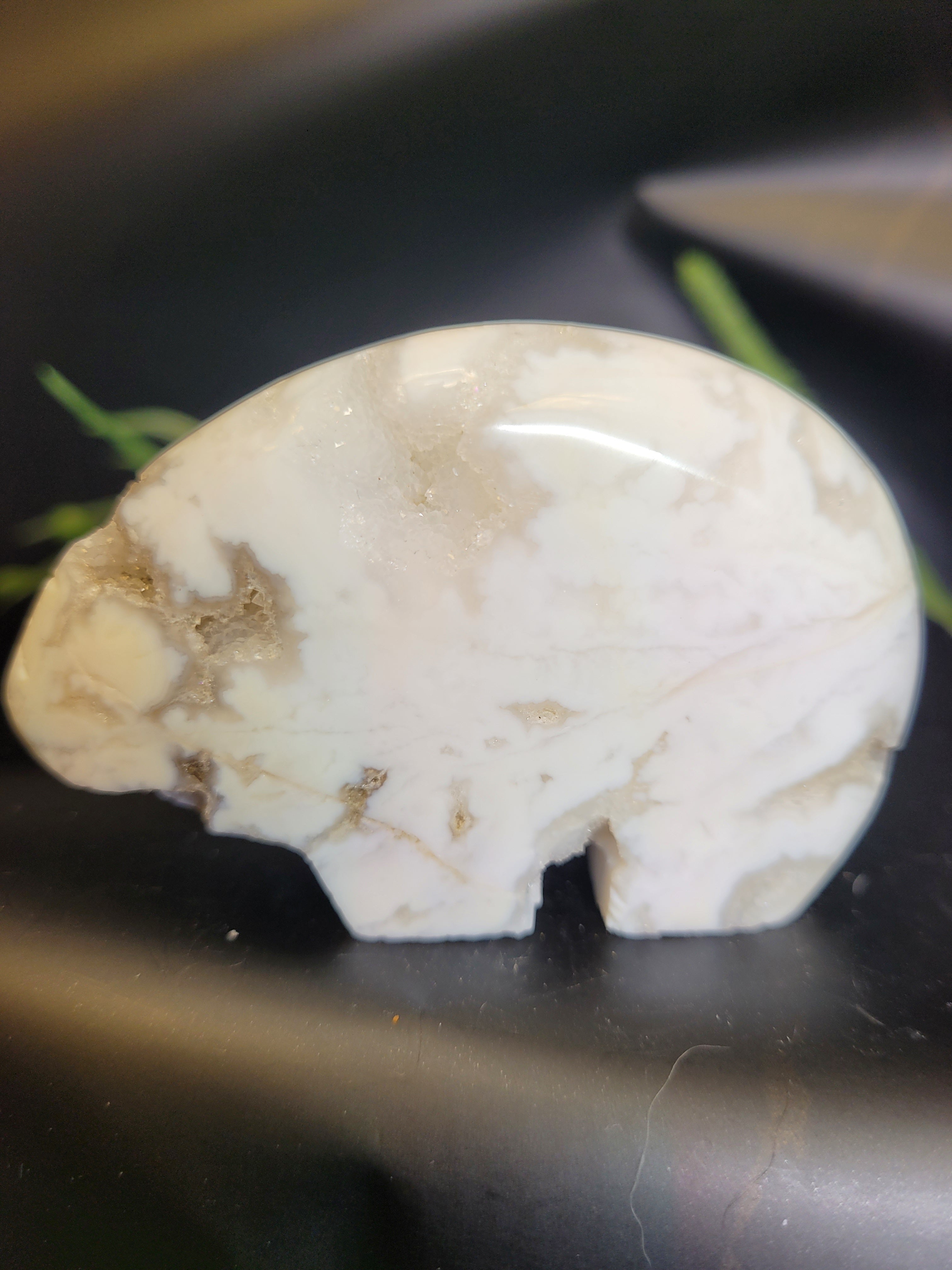 White Plume Agate Bear • Natural Quartz Vugs